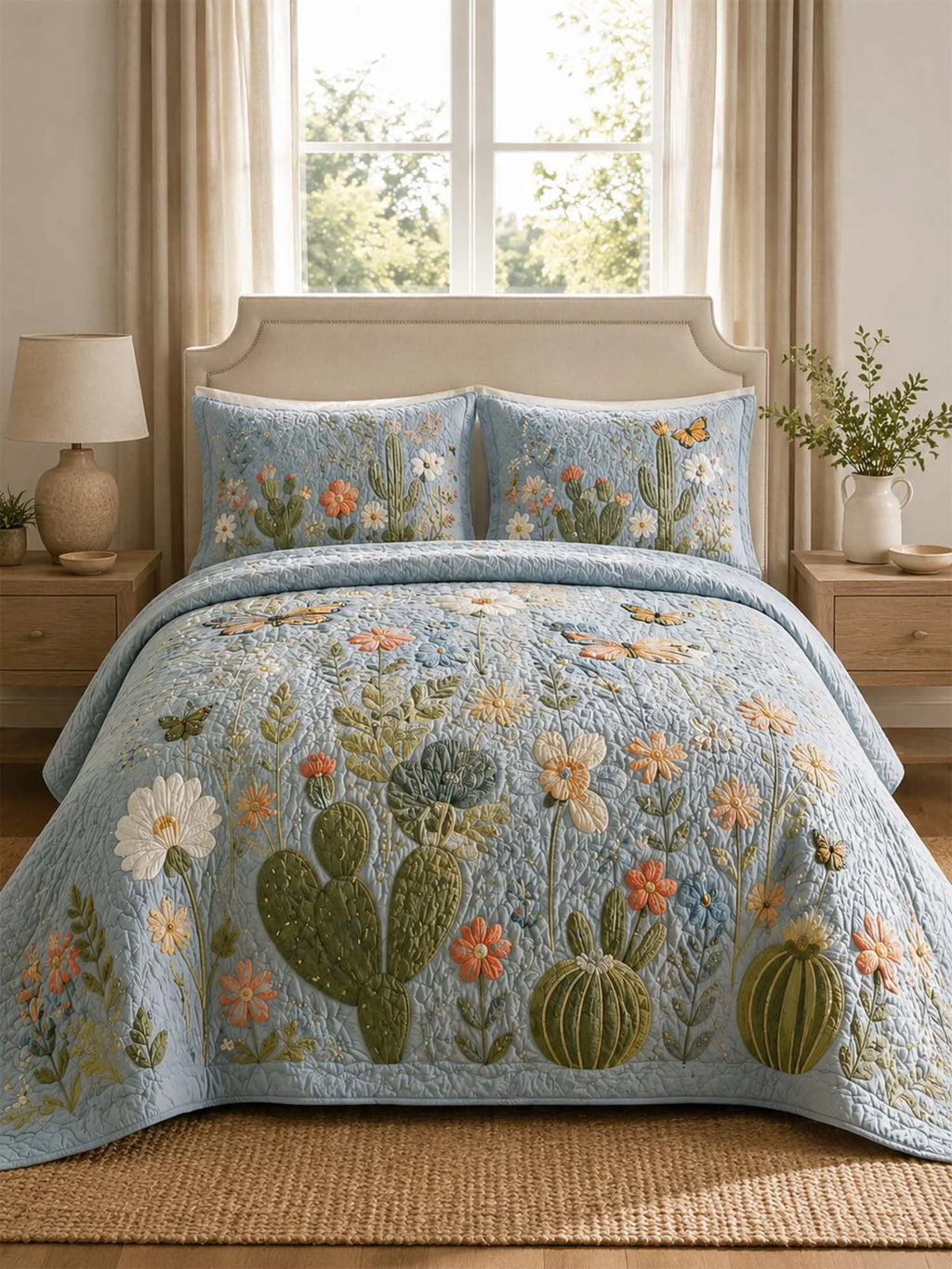 Southwestern Cactus Landscape Quilted 3-Piece Bedding Set – Rustic Western Quilted Bedding with Matching Pillow Shams