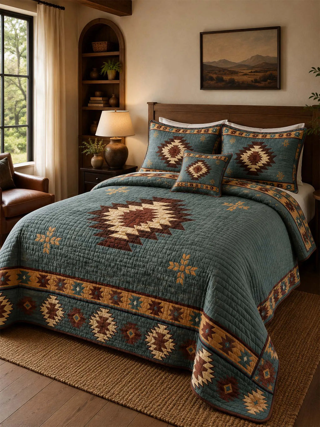 Desert Aztec Star Quilted 3-Piece Bedding Set – Rustic Southwestern Quilted Bedding with Matching Pillow Shams