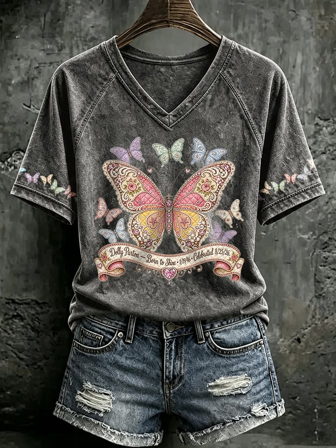 V Neck Retro Born To Shine Print T-Shirt