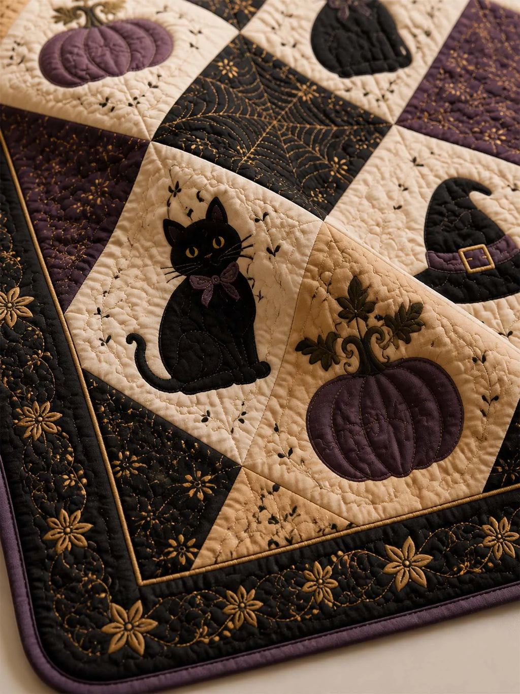 Halloween Cat Pumpkin Quilted 3-Piece Bedding Set
