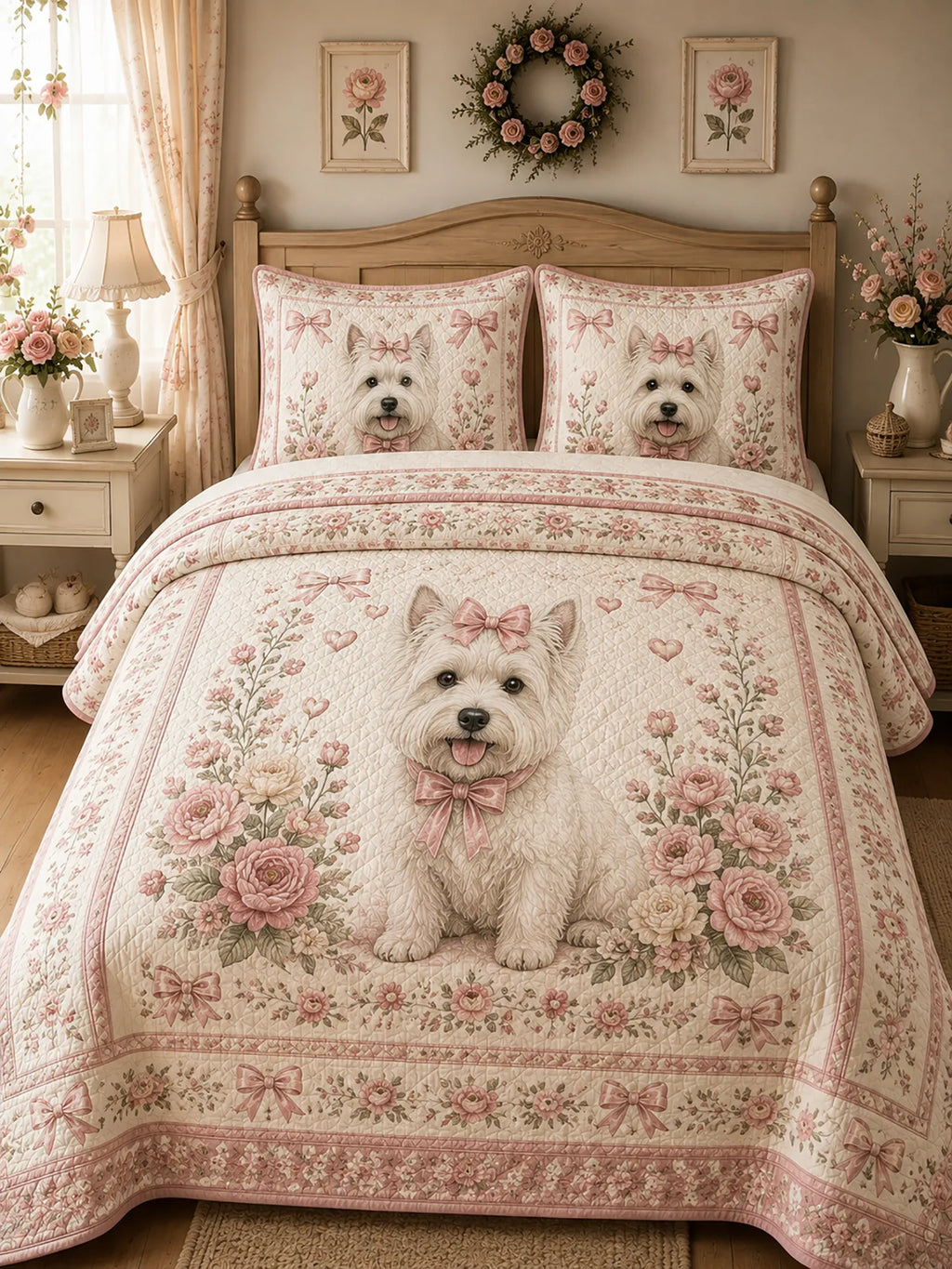 Vintage Westie Rose Bow 3‐Piece Quilted Bedding Set