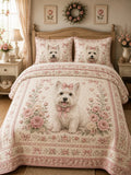 Vintage Westie Rose Bow 3‐Piece Quilted Bedding Set