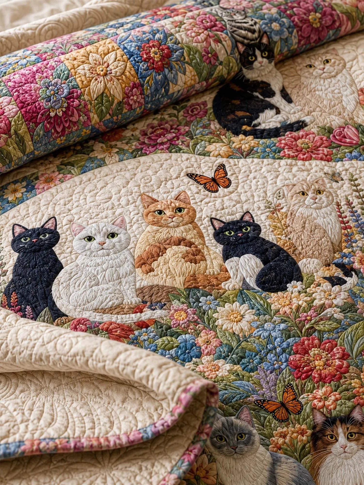 Wildflower Cat Garden Quilted 3-Piece Bedding Set