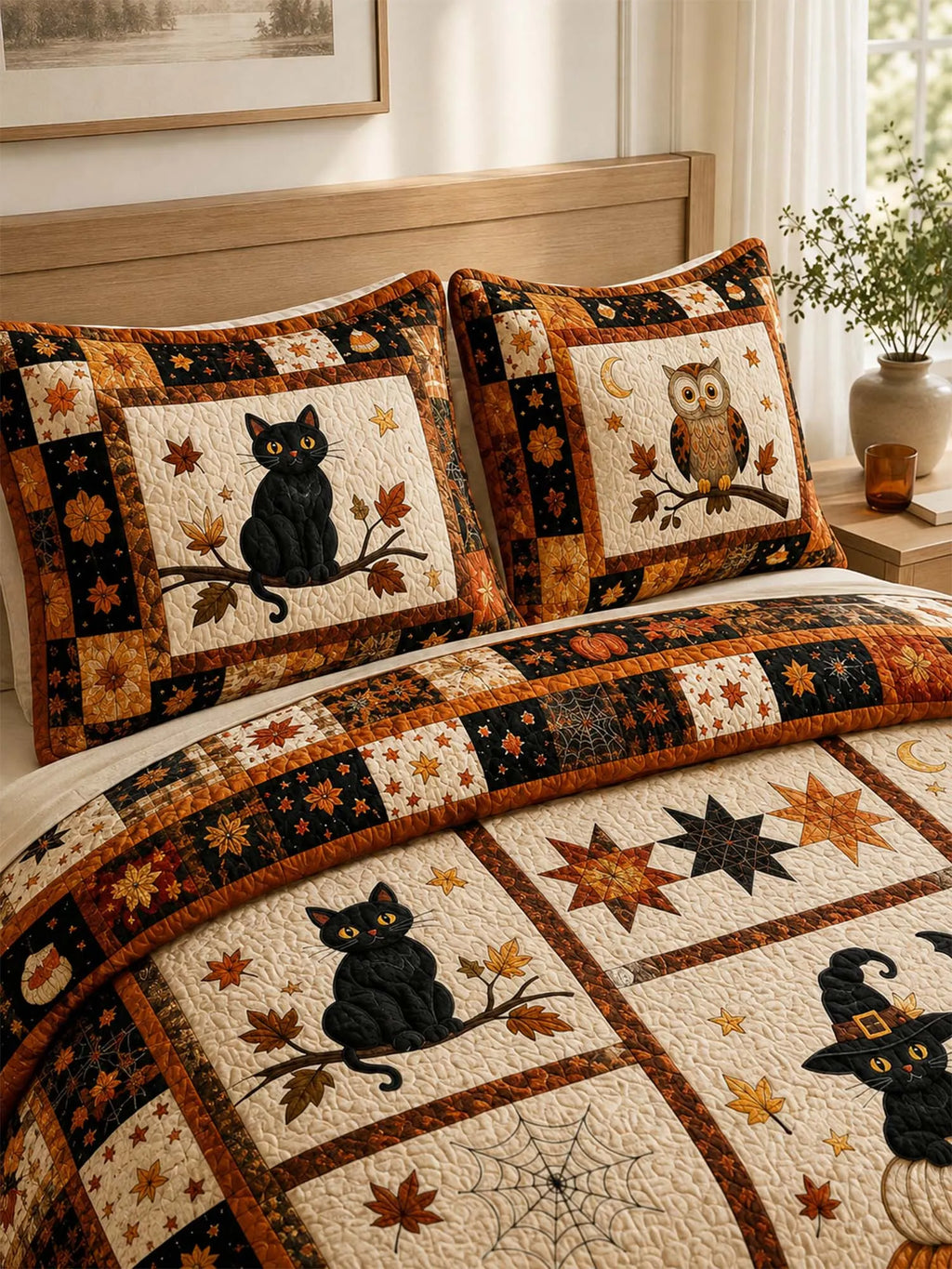 Black Cat Halloween Pumpkin Quilted 3-Piece Bedding Set