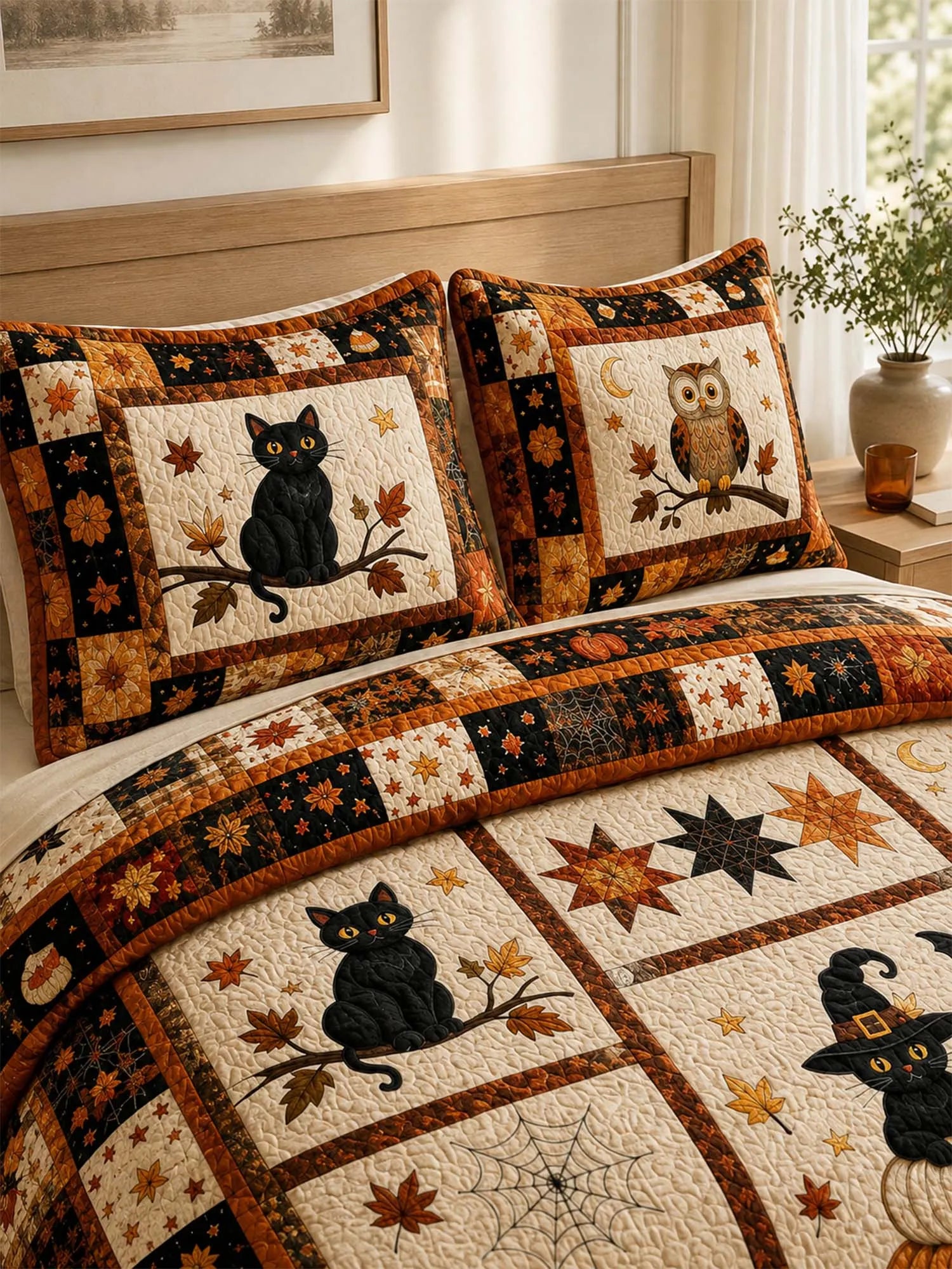 Black Cat Halloween Pumpkin Quilted 3-Piece Bedding Set