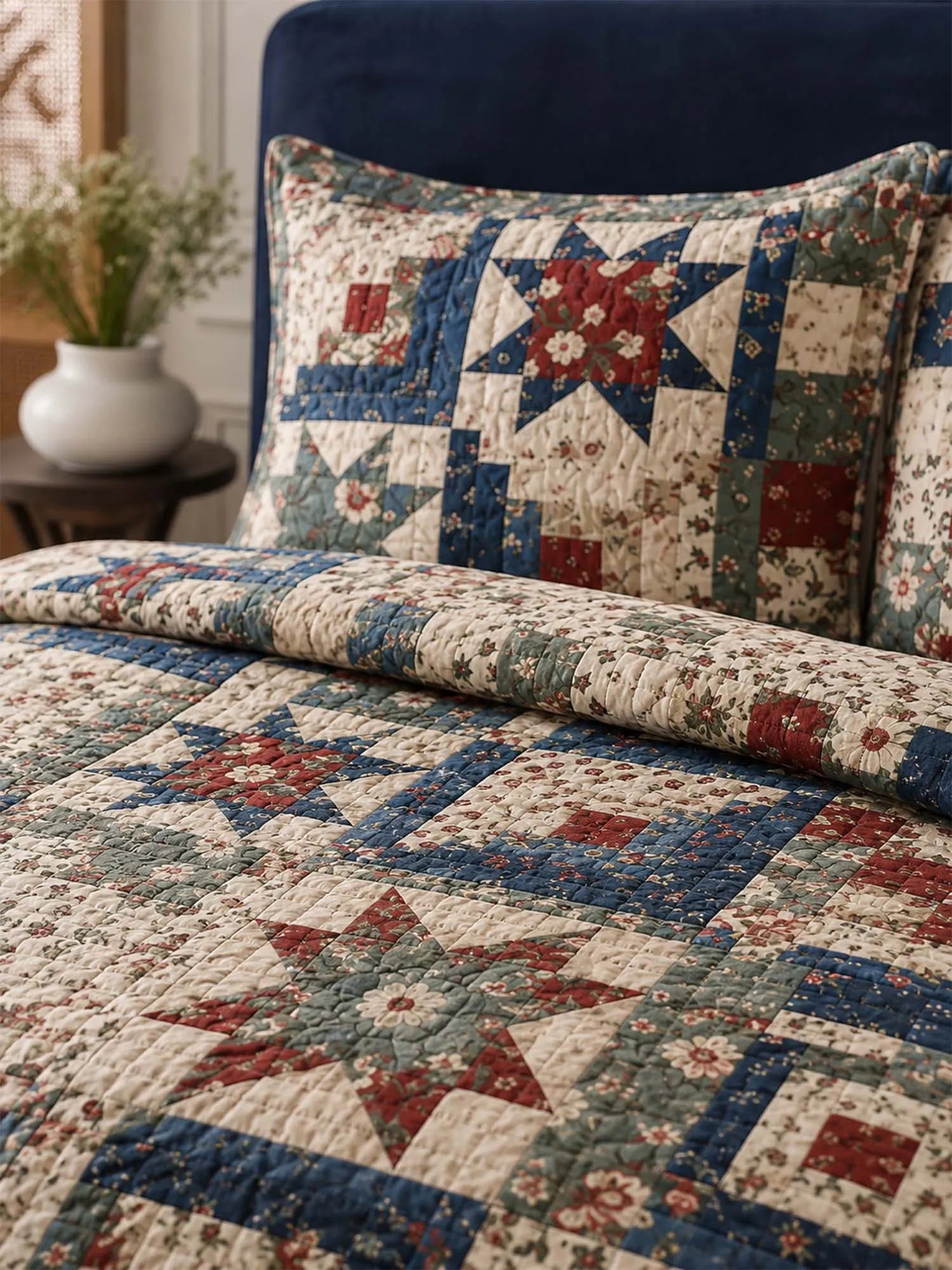 Vintage Patchwork Quilted 3-Piece Bedding Set – Classic Americana Quilted Bedding With Matching Pillow Shams