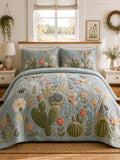 Southwestern Cactus Landscape Quilted 3-Piece Bedding Set – Rustic Western Quilted Bedding with Matching Pillow Shams