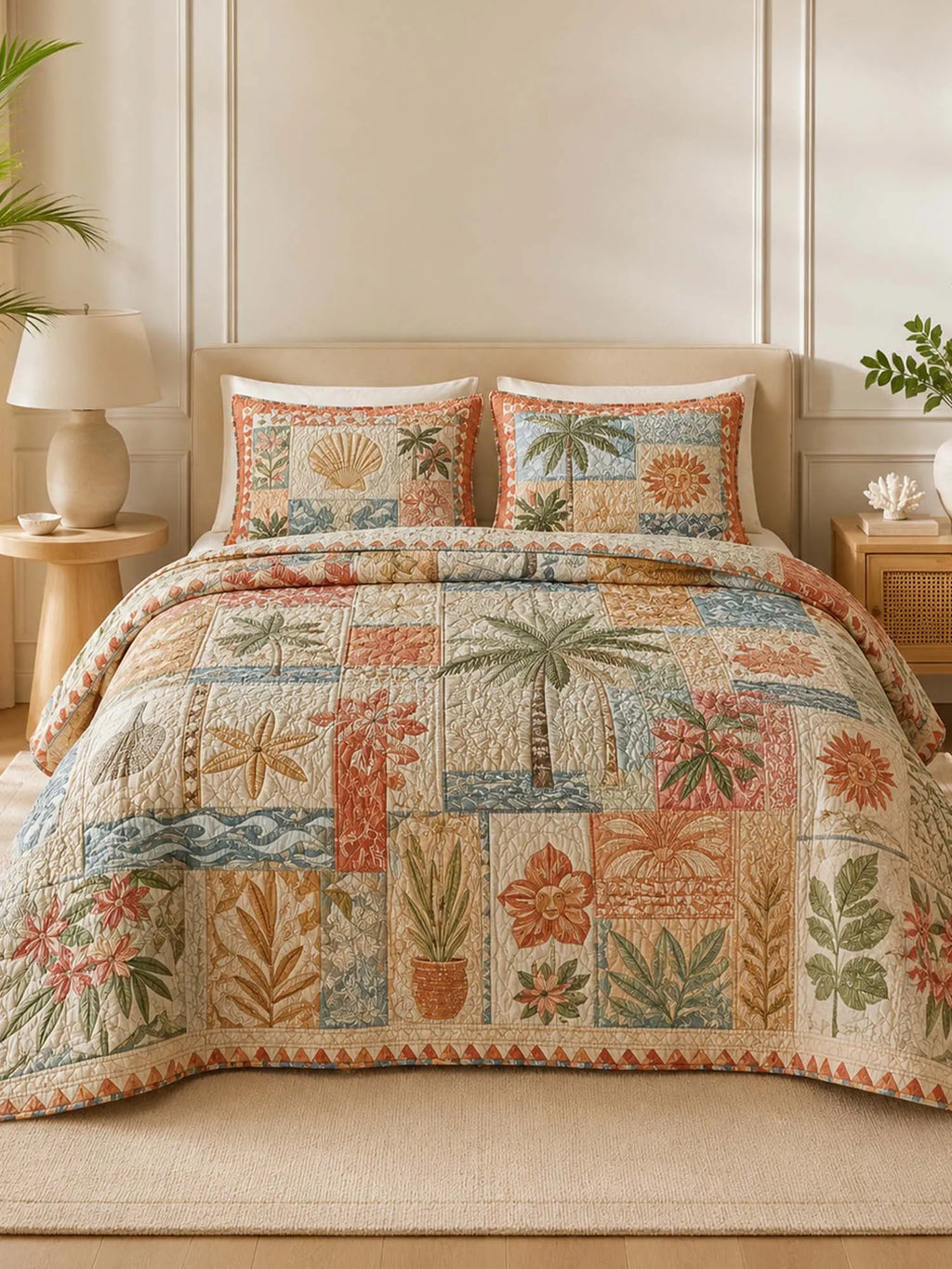 Tropical Botanical Quilted 3-Piece Bedding Set – Luxury Quilted Bedding with Matching Pillow Shams