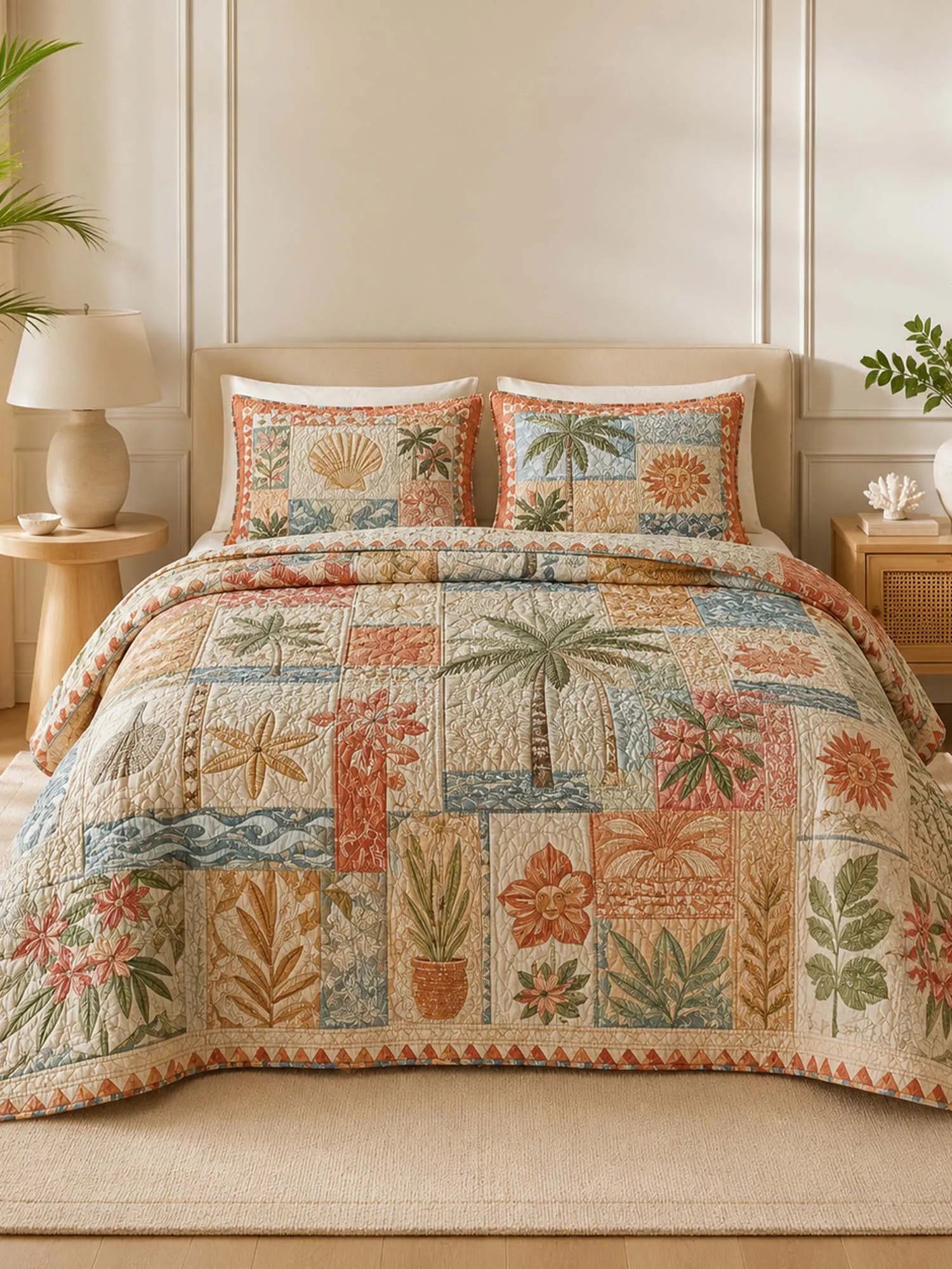 Tropical Botanical Quilted 3-Piece Bedding Set – Luxury Quilted Bedding with Matching Pillow Shams