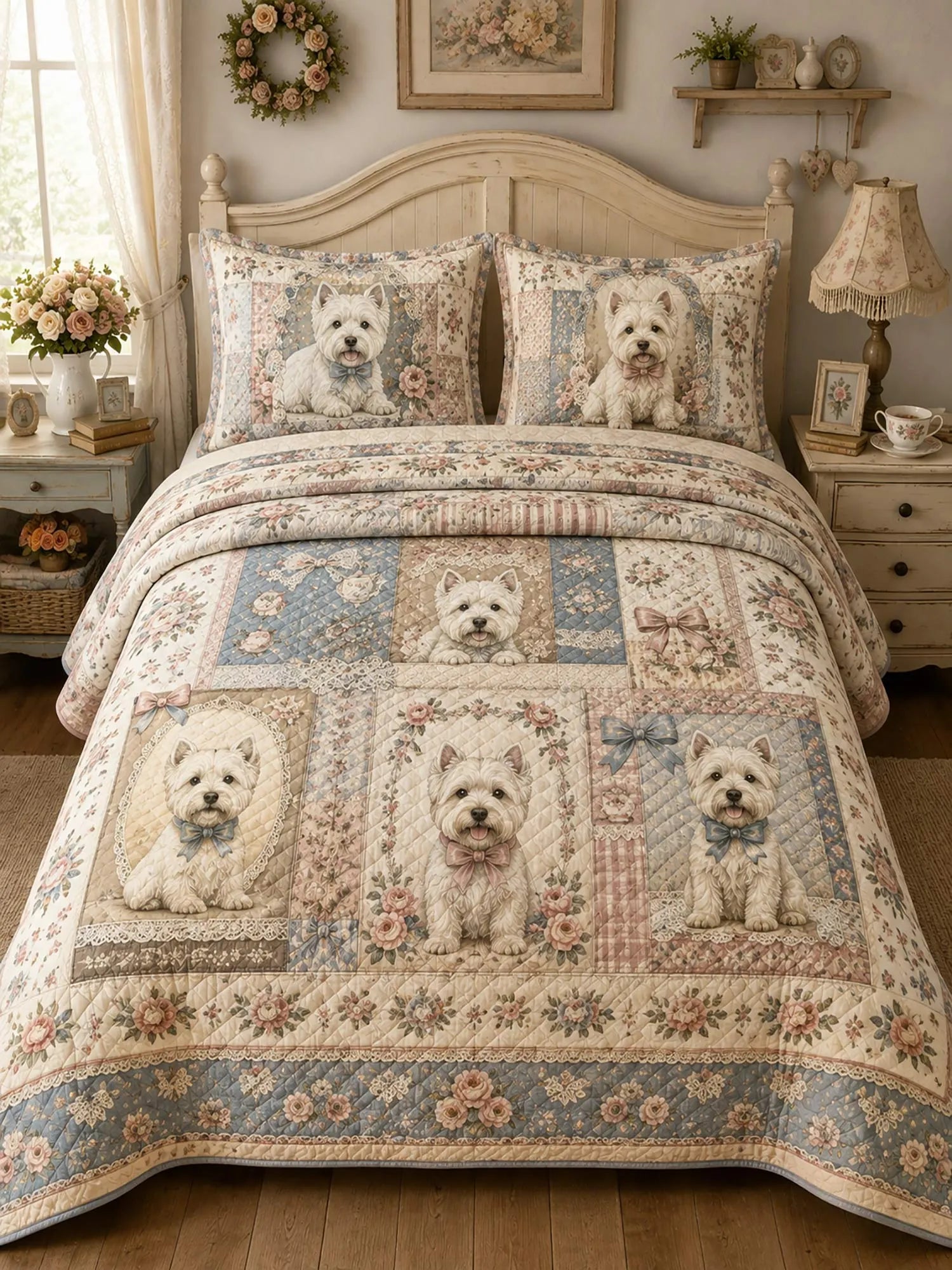 Vintage Westie Patchwork 3‐Piece Quilted Bedding Set