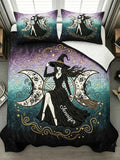 Halloween-Mystic Witch Triple Moon Quilt Bed Set-Three-Piece Quilted Bedding Set