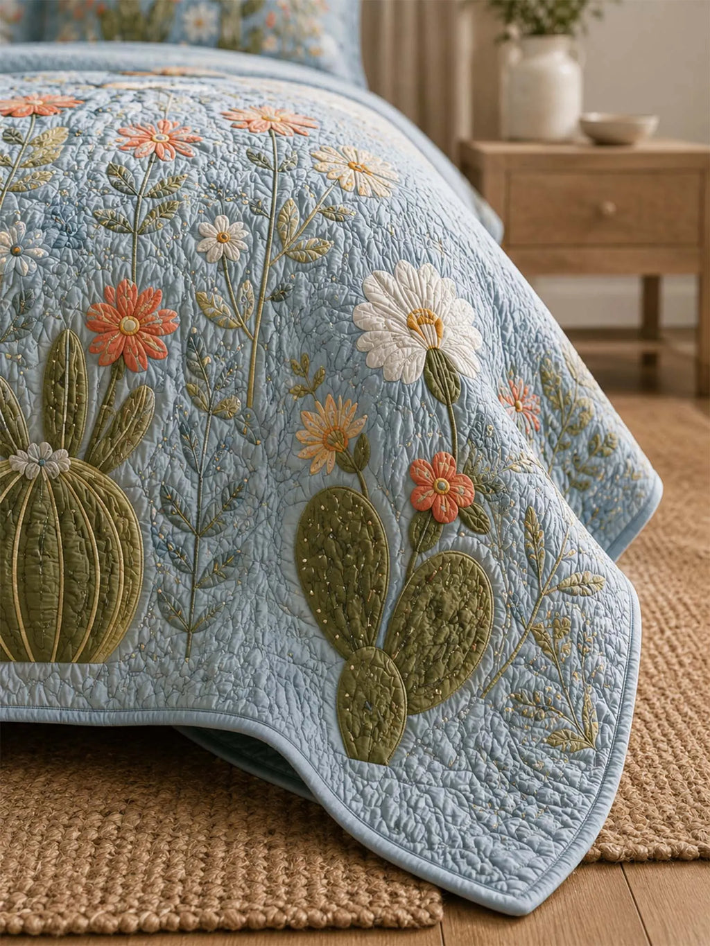 Southwestern Cactus Landscape Quilted 3-Piece Bedding Set – Rustic Western Quilted Bedding with Matching Pillow Shams