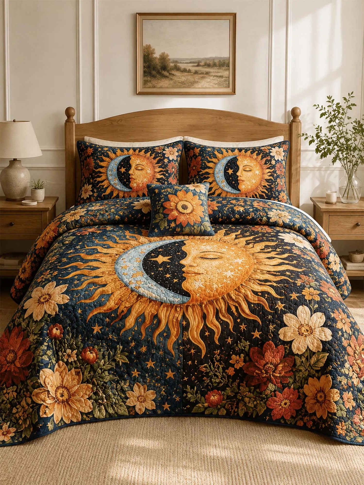 Celestial Sunflower Moonlight Quilted 3-Piece Bedding Set
