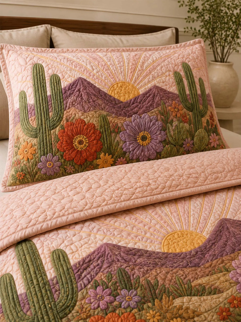 Desert Cactus Floral Quilted 3-Piece Bedding Set – Rustic Southwestern Quilted Bedding with Matching Pillow Shams