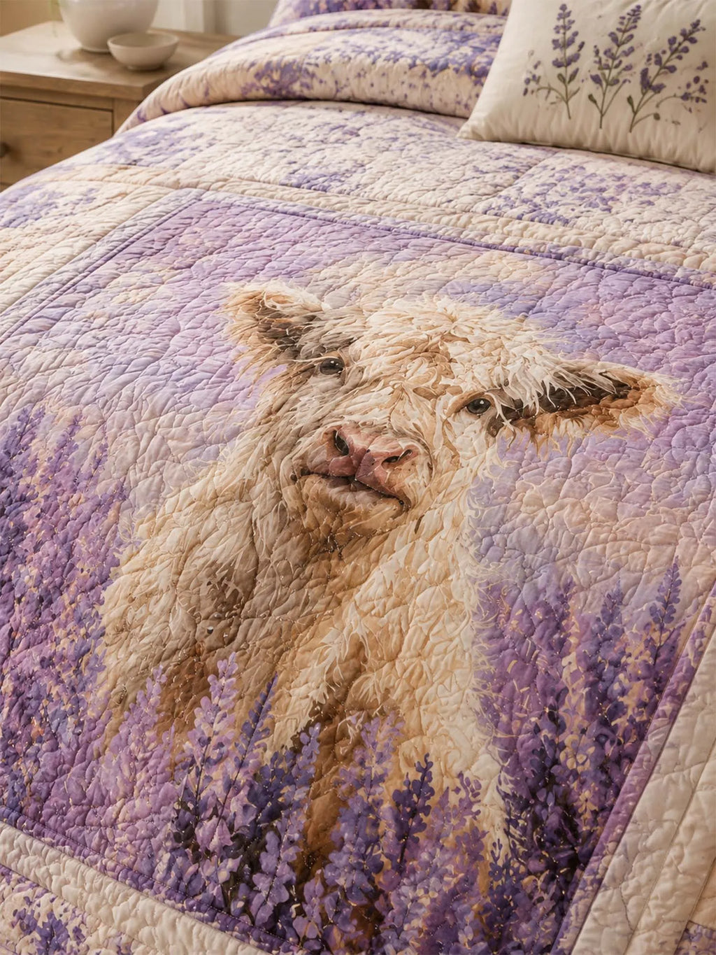 Highland Cow Lavender Field Quilted 3-Piece Bedding Set