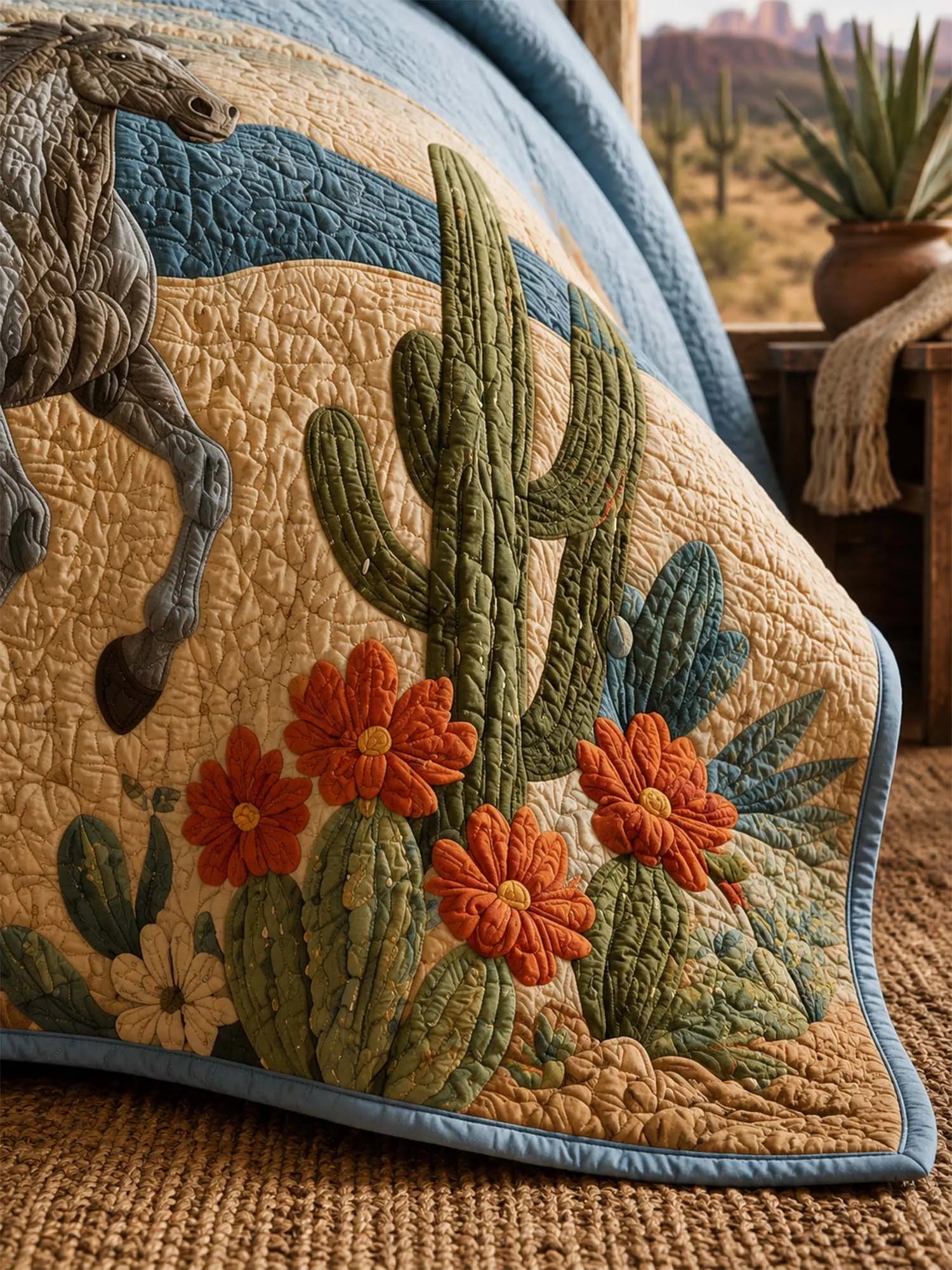 Desert Horse Landscape Quilted 3-Piece Bedding Set – Western Inspired Quilted Bedding with Matching Pillow Shams