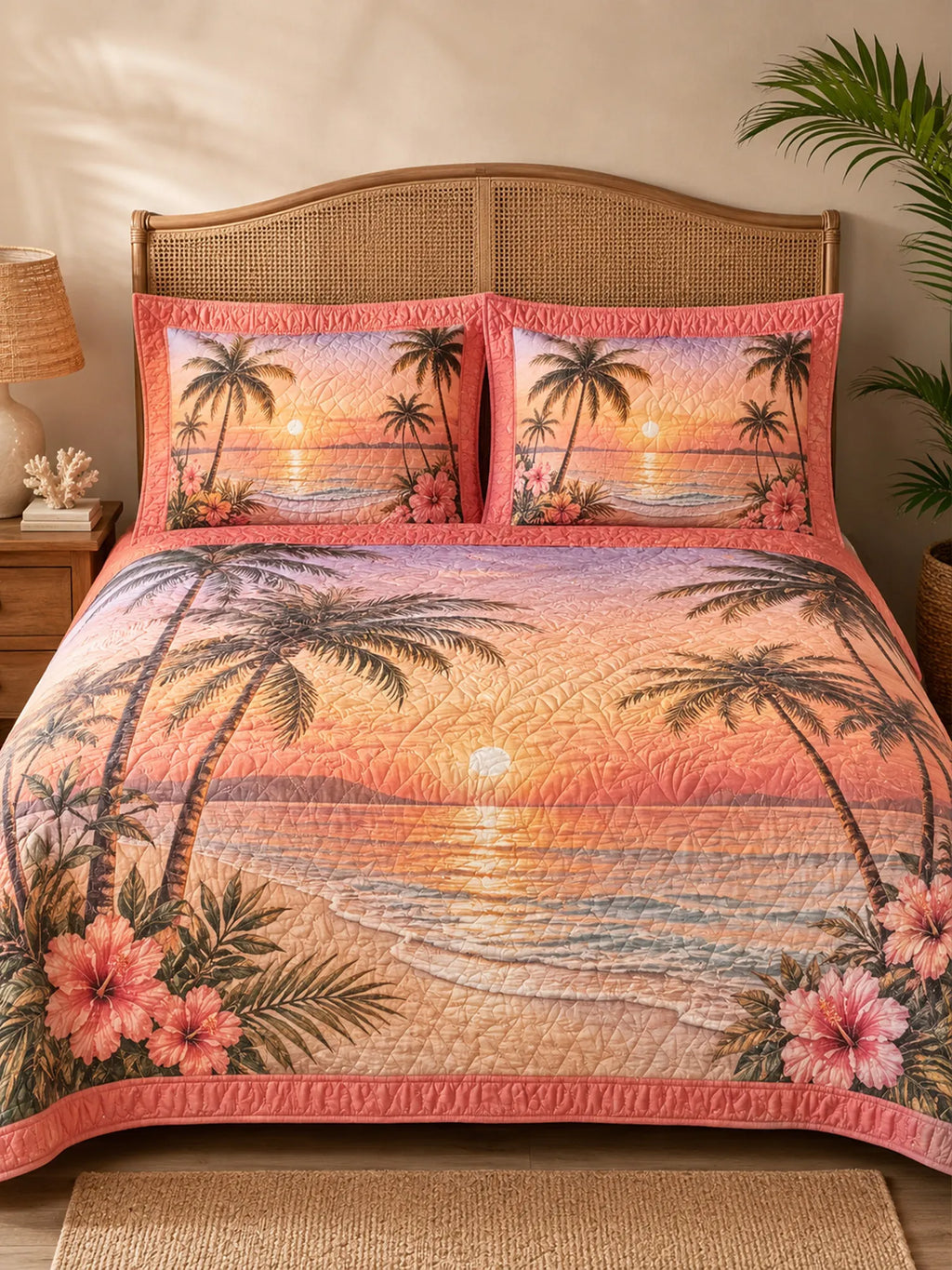 Tropical Sunset Palm Tree 3-Piece  Quilted Bedding Set