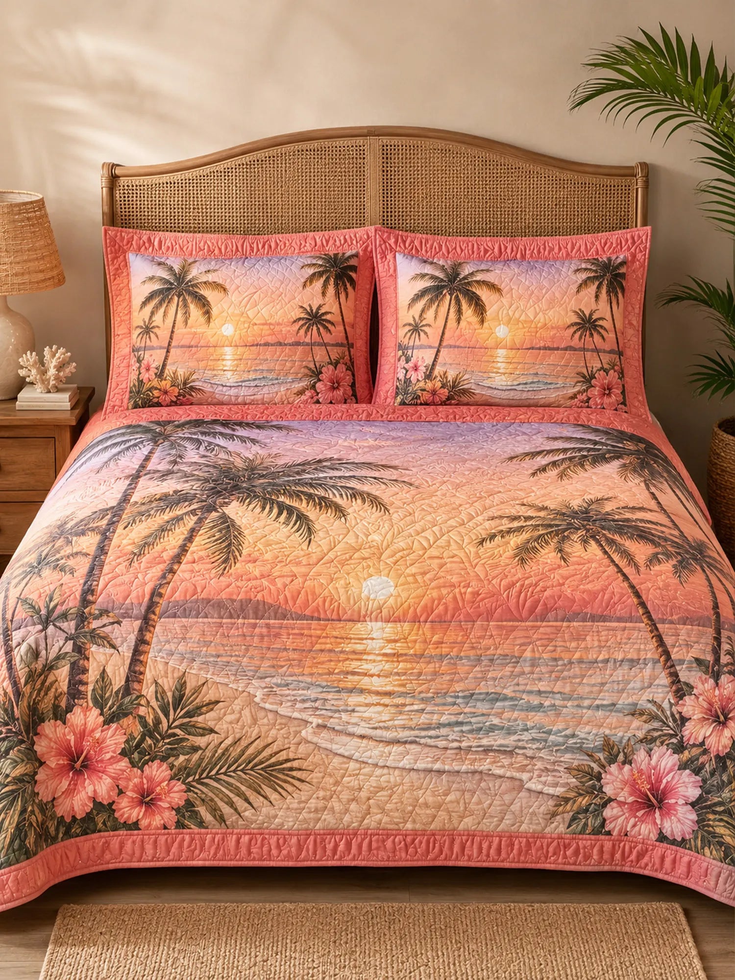 Tropical Sunset Palm Tree 3-Piece  Quilted Bedding Set