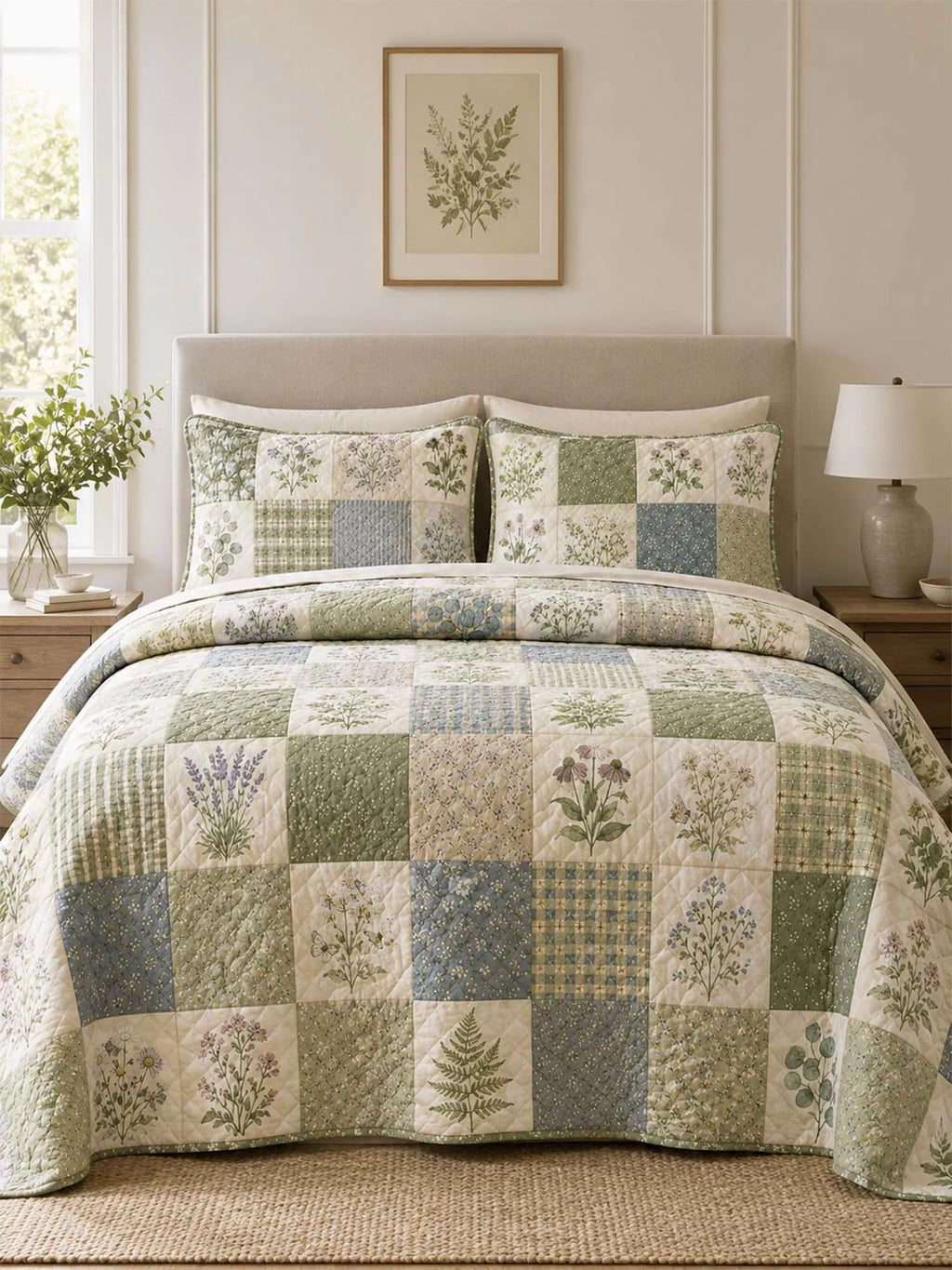 Herbal Garden Patchwork Quilted 3-Piece Bedding Set – Vintage Cottage Quilted Bedding With Matching Pillow Shams
