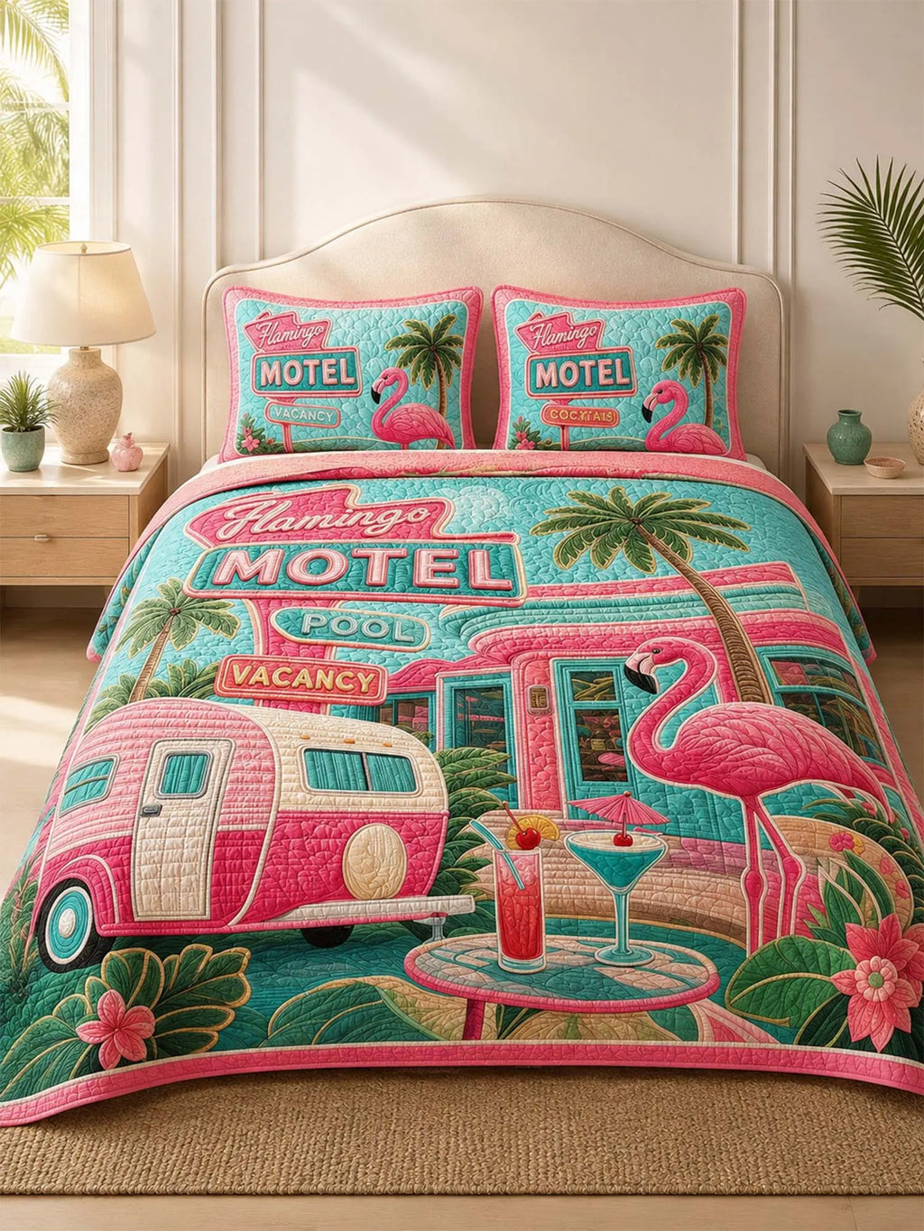 Flamingo Motel Tropical Paradise Quilted 3-Piece Bedding Set