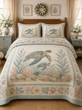 Vintage Nautical Ocean Turtle Seagrass Floral 3‐Piece Quilted Bedding Set
