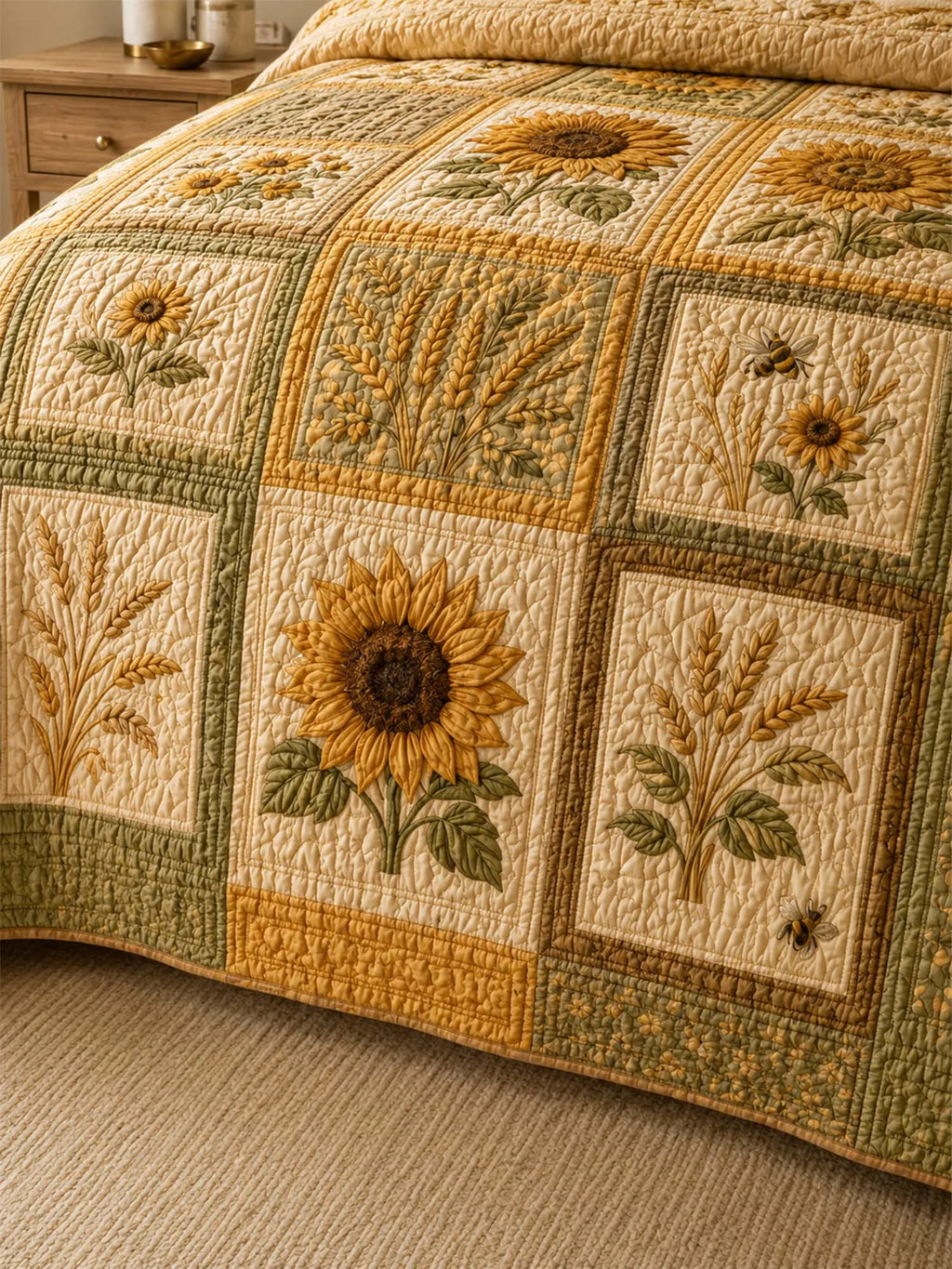 Sunflower Quilted 3-Piece Bedding Set – Classic Americana Quilted Bedding With Matching Pillow Shams