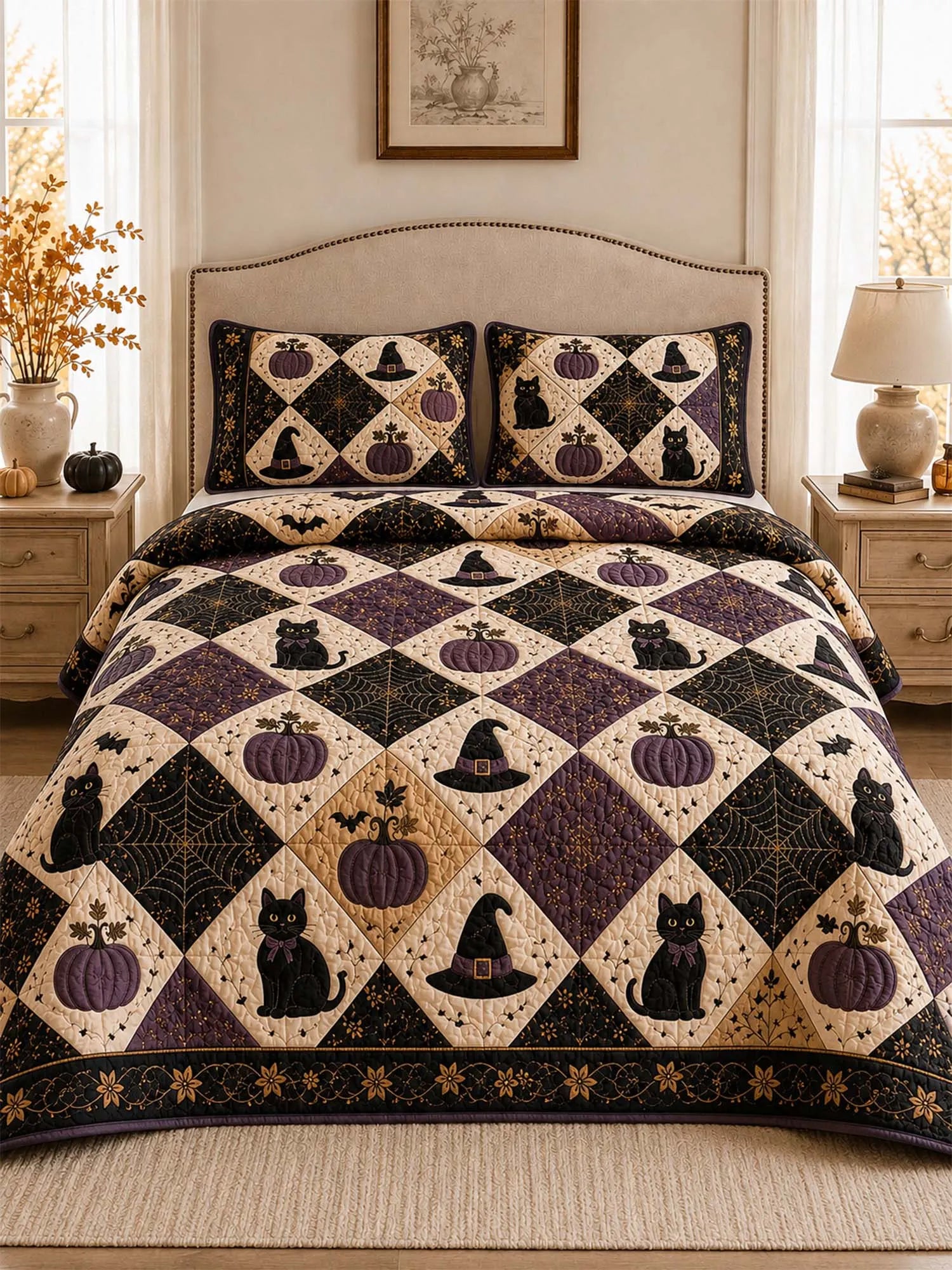 Halloween Cat Pumpkin Quilted 3-Piece Bedding Set