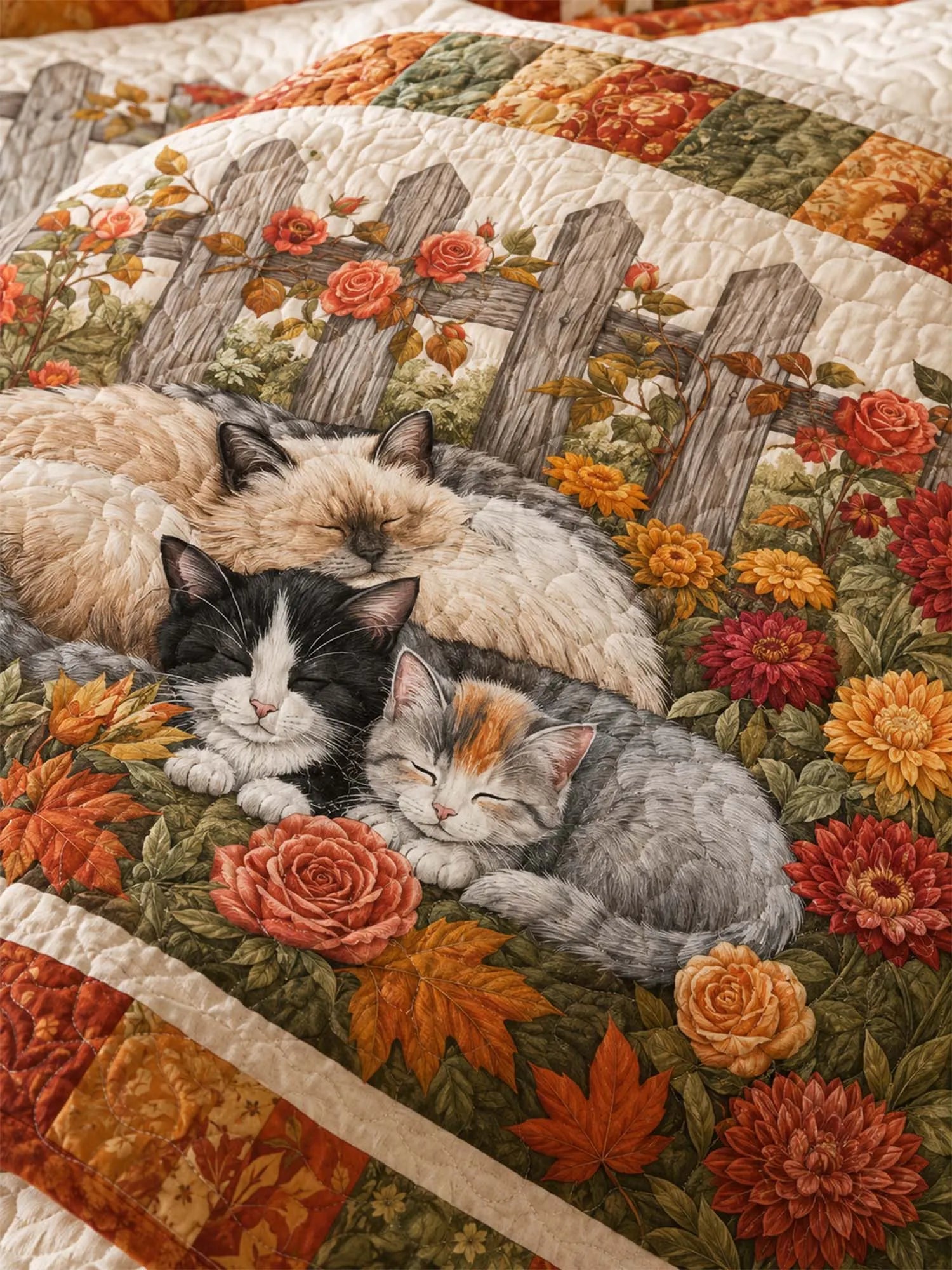 Autumn Garden Cat Quilted 3-Piece Bedding Set