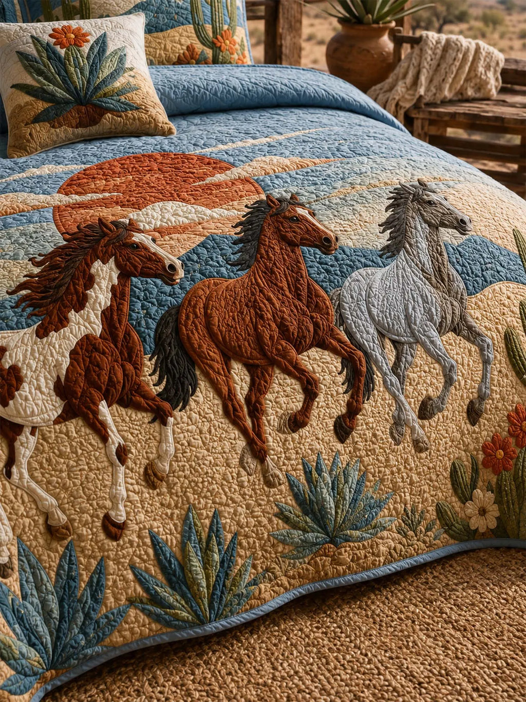 Desert Horse Landscape Quilted 3-Piece Bedding Set – Western Inspired Quilted Bedding with Matching Pillow Shams