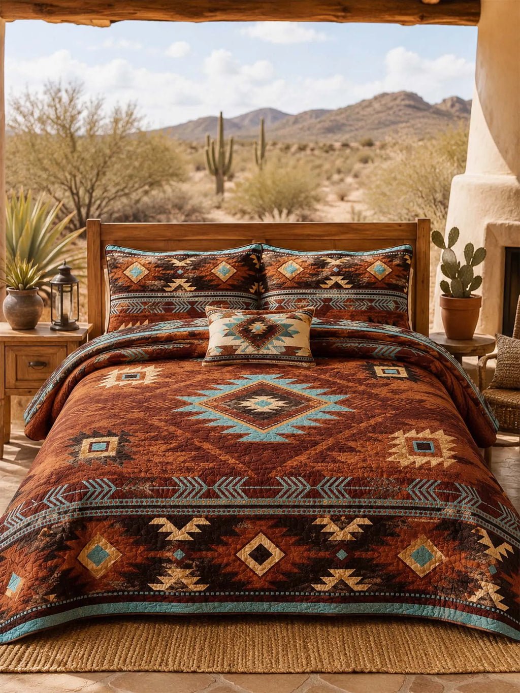 Southwestern Aztec Quilted 3-Piece Bedding Set – Rustic Luxury Quilted Bedding with Matching Pillow Shams