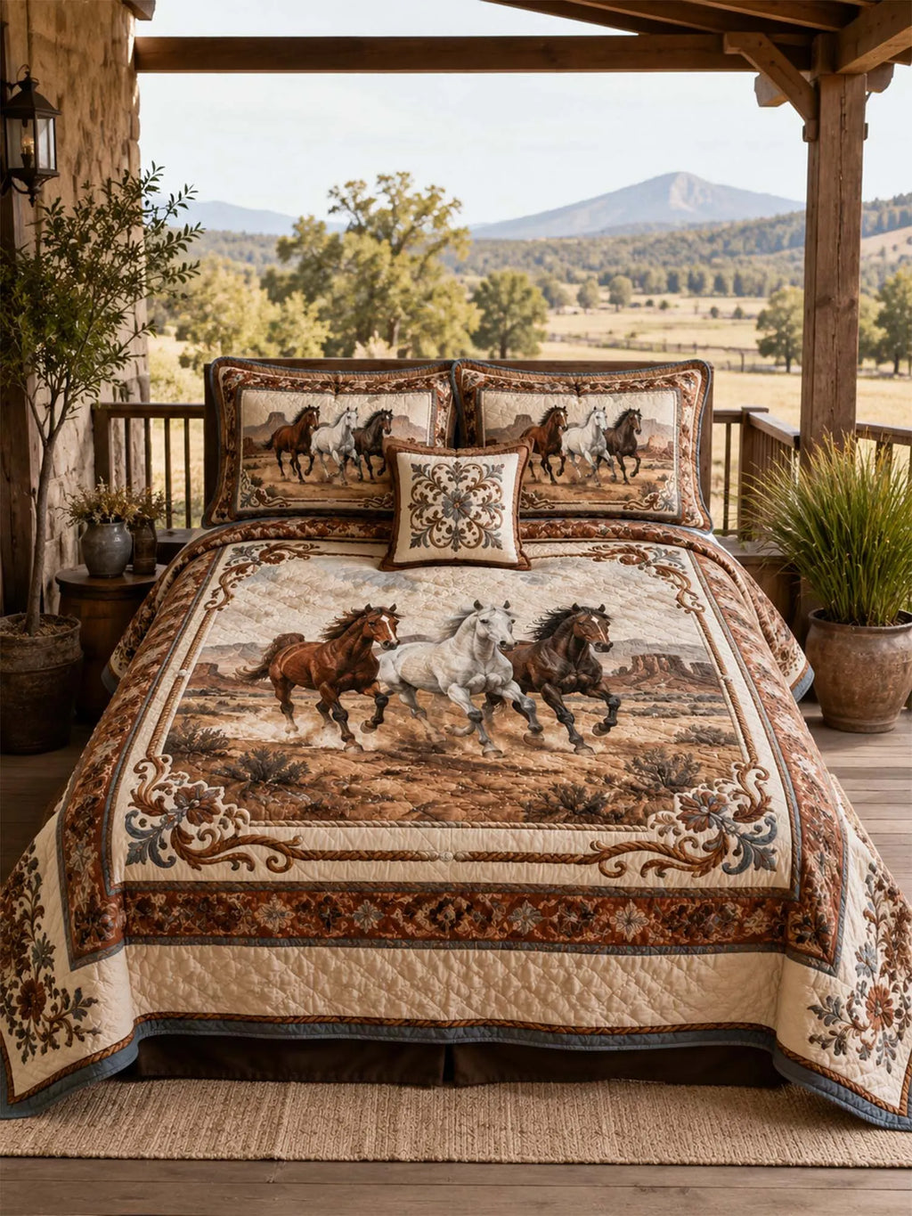 Equestrian Horse Patchwork Quilted 3-Piece Bedding Set – Vintage Country Quilted Bedding with Matching Pillow Shams