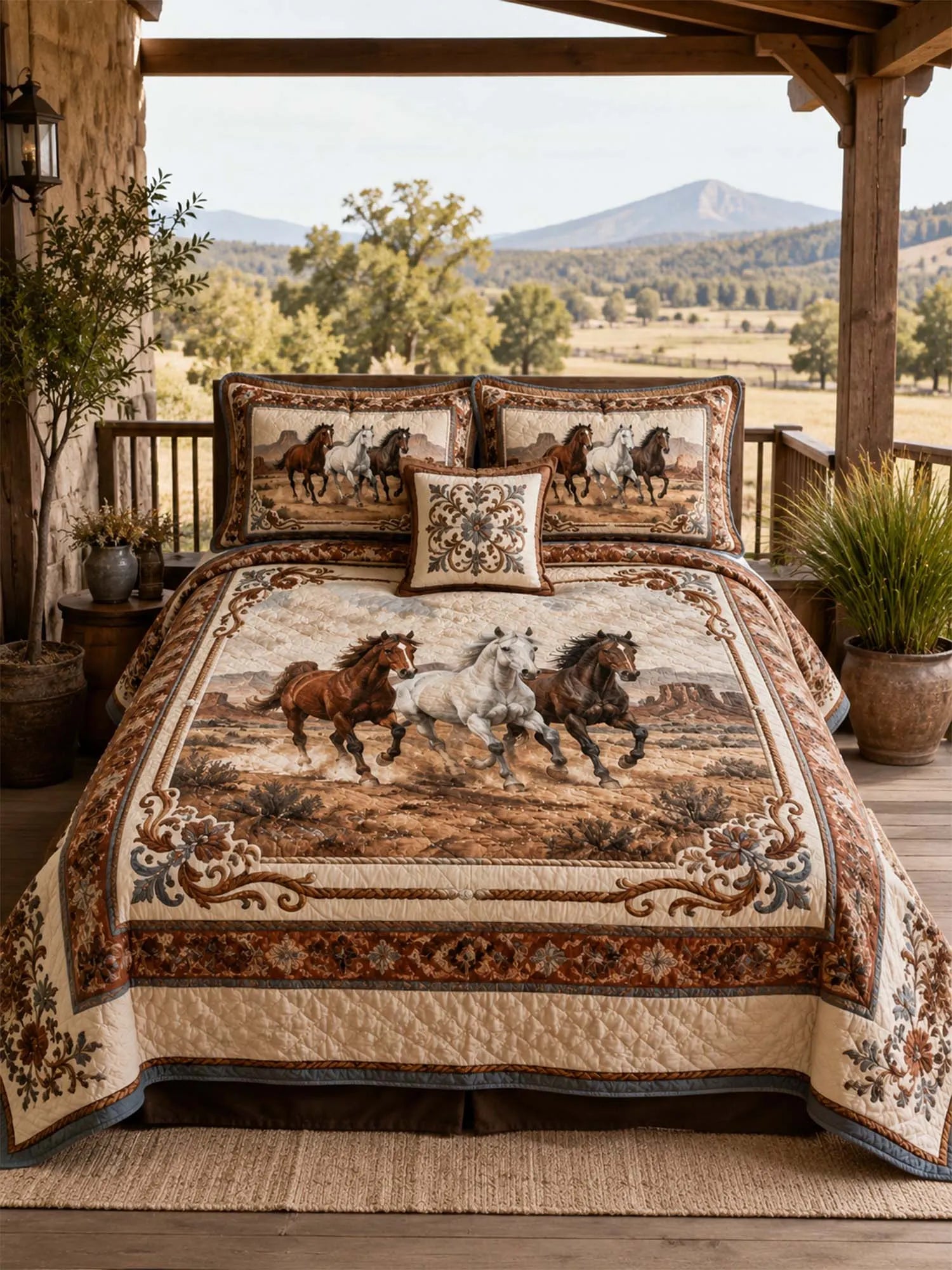Equestrian Horse Patchwork Quilted 3-Piece Bedding Set – Vintage Country Quilted Bedding with Matching Pillow Shams