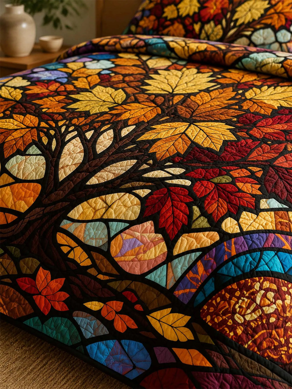Autumn Tree of Life Quilted 3-Piece Bedding Set – Stained Glass Harvest Quilted Bedding With Matching Pillow Shams