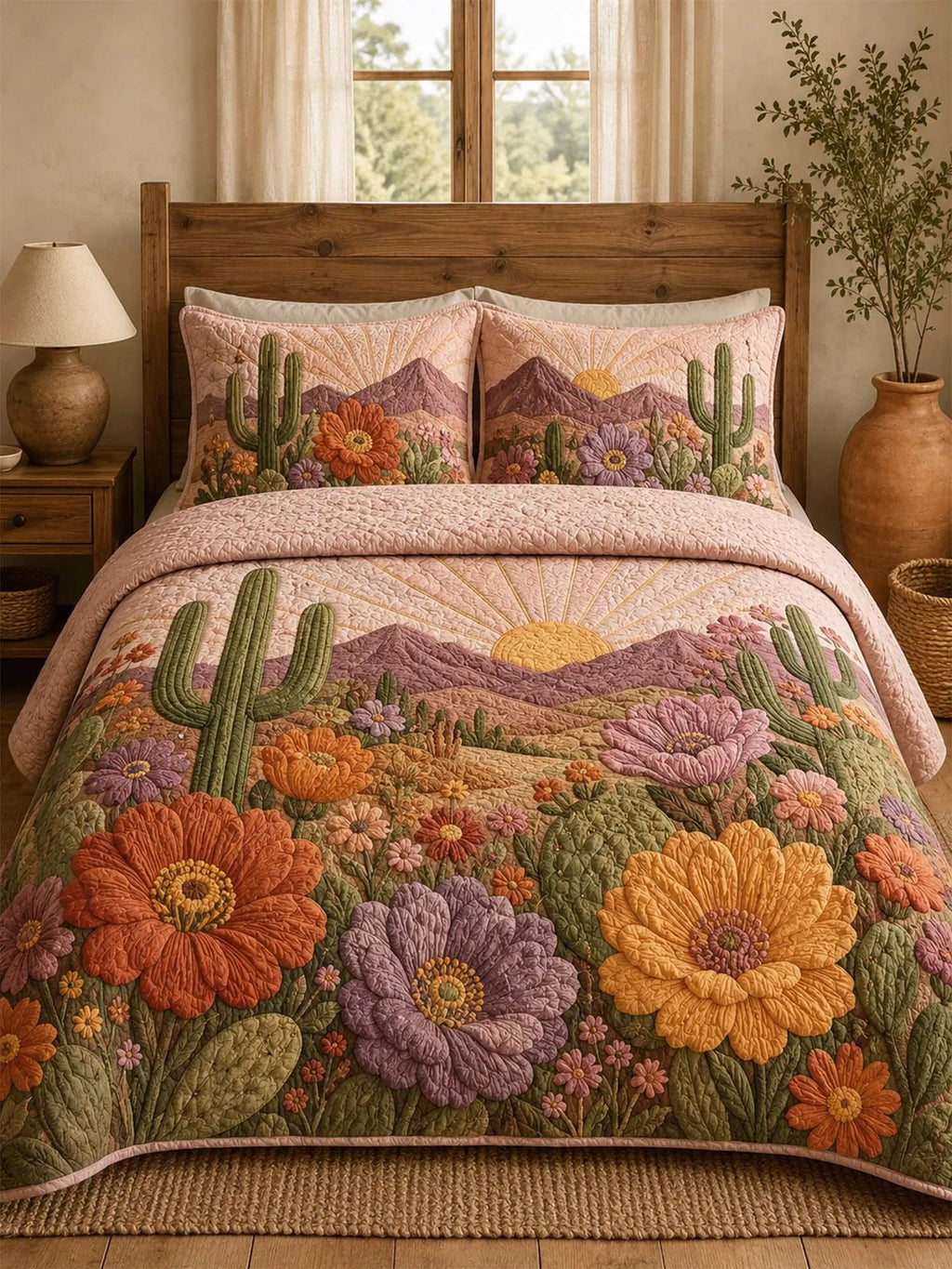 Desert Cactus Floral Quilted 3-Piece Bedding Set – Rustic Southwestern Quilted Bedding with Matching Pillow Shams