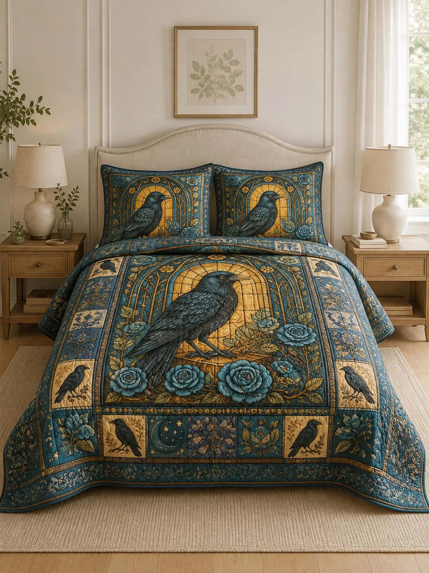 Raven Golden Rose Garden Quilted 3-Piece Bedding Set