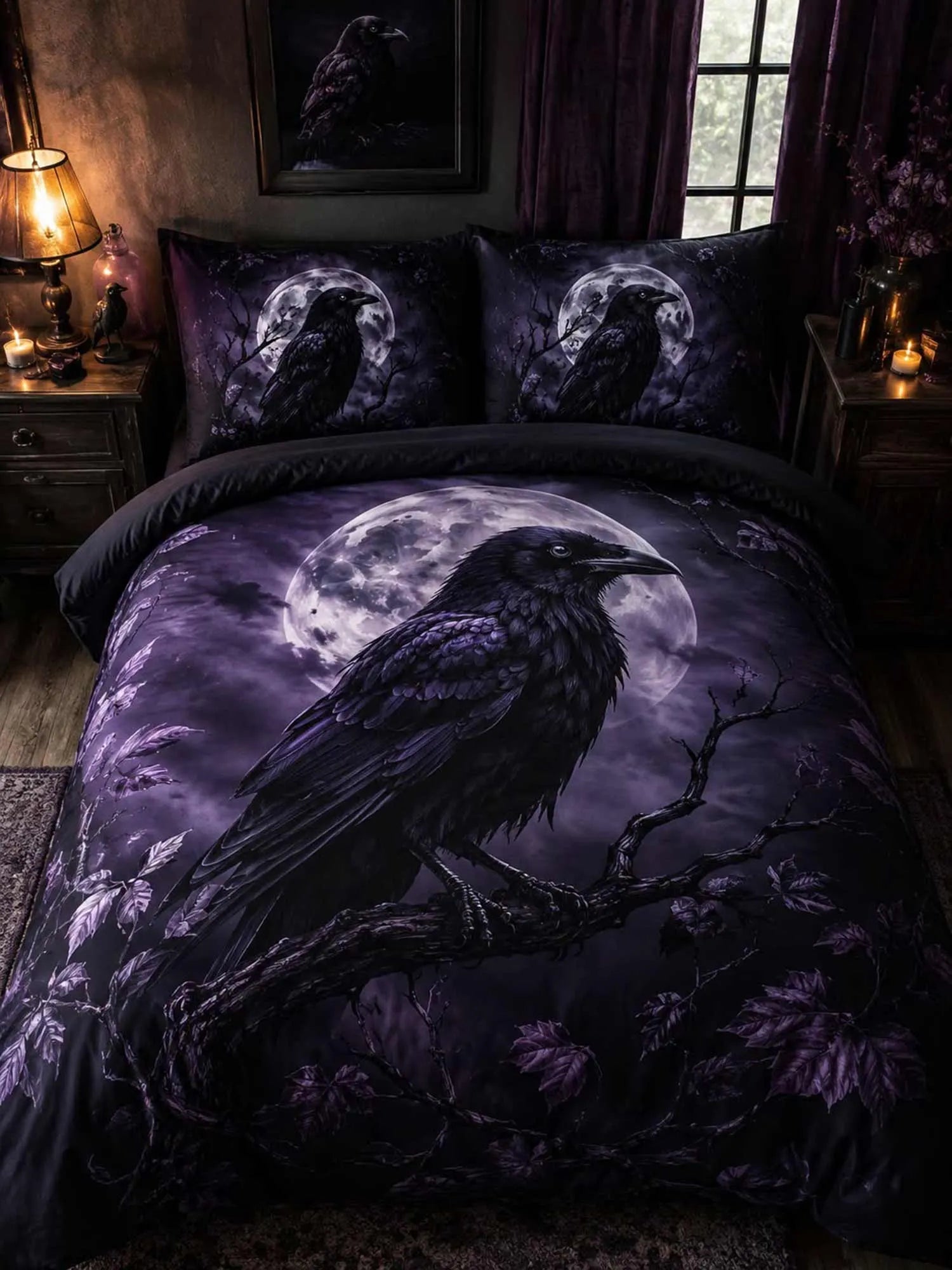 Moonlit Raven Nocturne 3‐Piece Quilted Bedding Set
