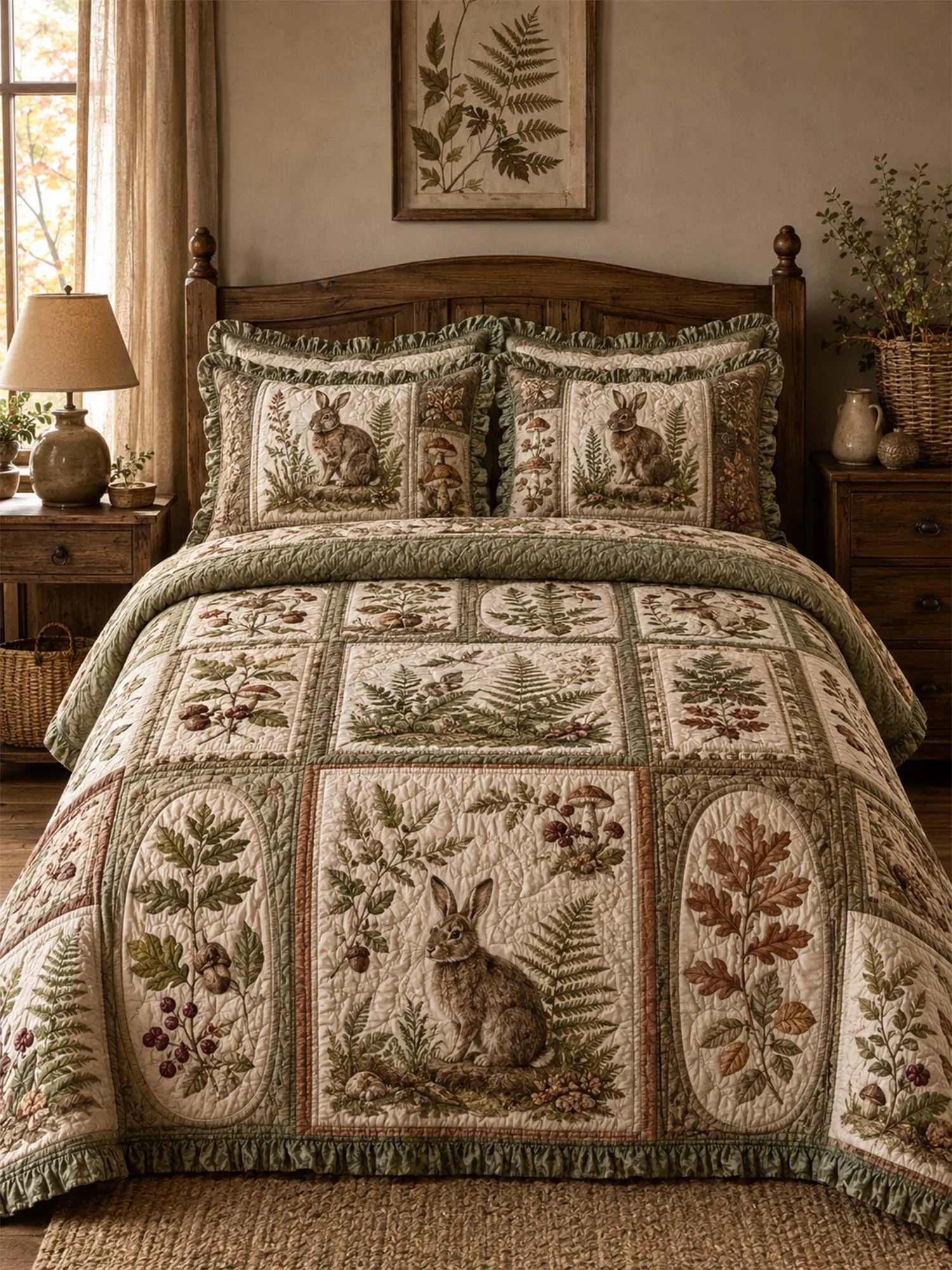 Woodland Rabbit Quilted 3-Piece Bedding Set – Classic Americana Quilted Bedding With Matching Pillow Shams
