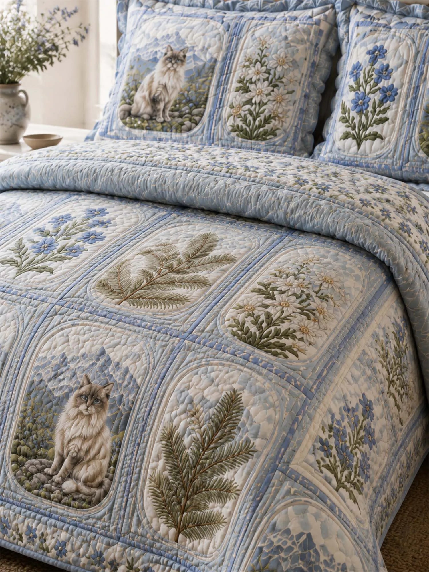 Alpine Mountain Cat Quilted 3-Piece Bedding Set