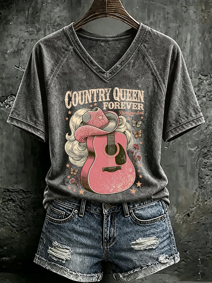 V Neck Retro Country Queen Forever Rhinestone Soul Print T-Shirt