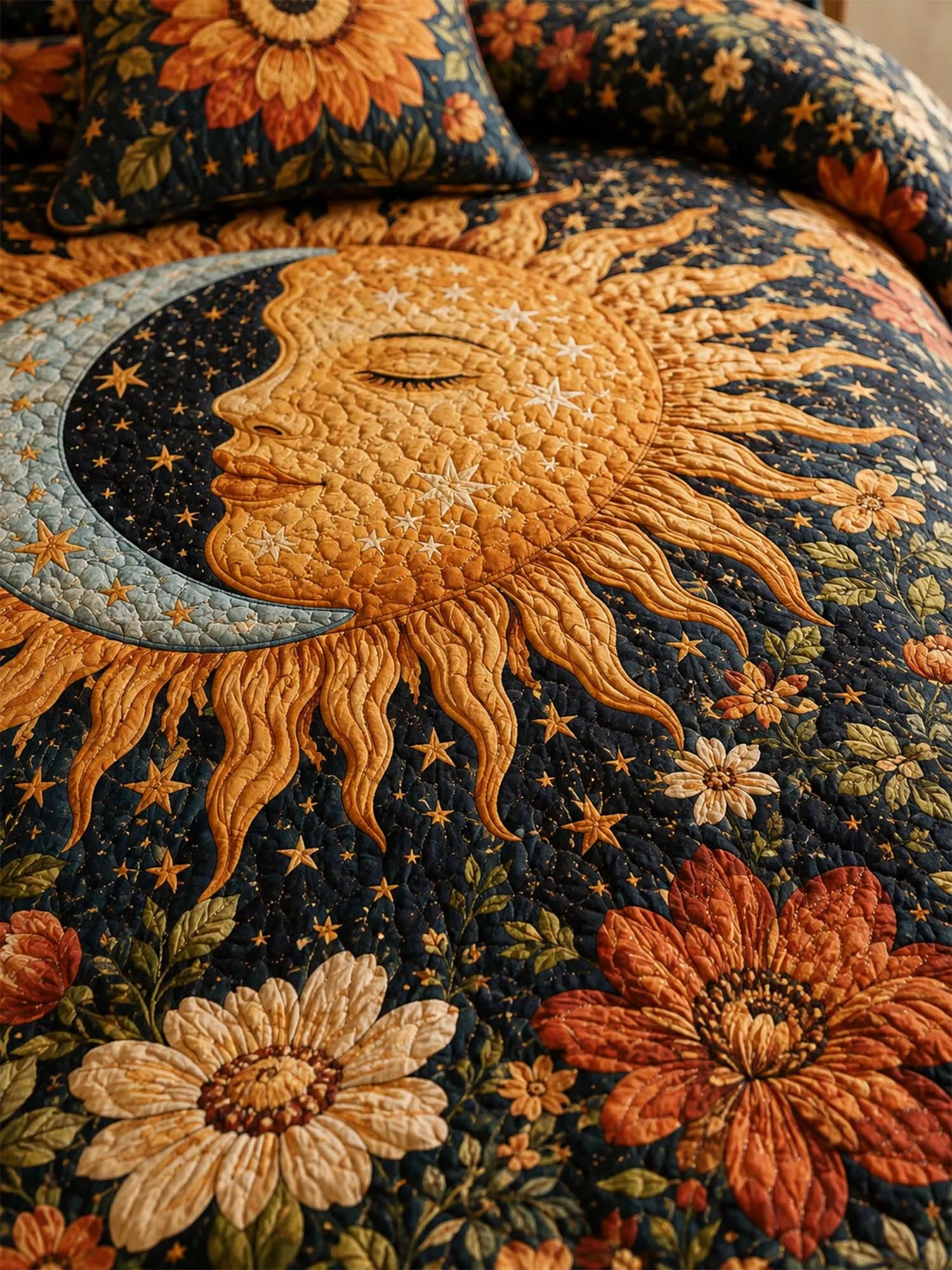 Celestial Sunflower Moonlight Quilted 3-Piece Bedding Set