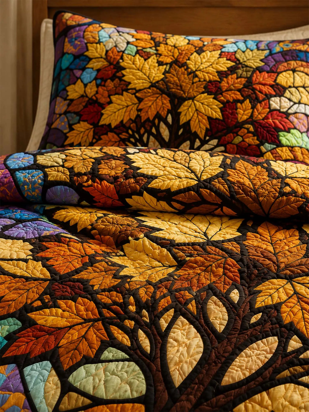 Autumn Tree of Life Quilted 3-Piece Bedding Set – Stained Glass Harvest Quilted Bedding With Matching Pillow Shams