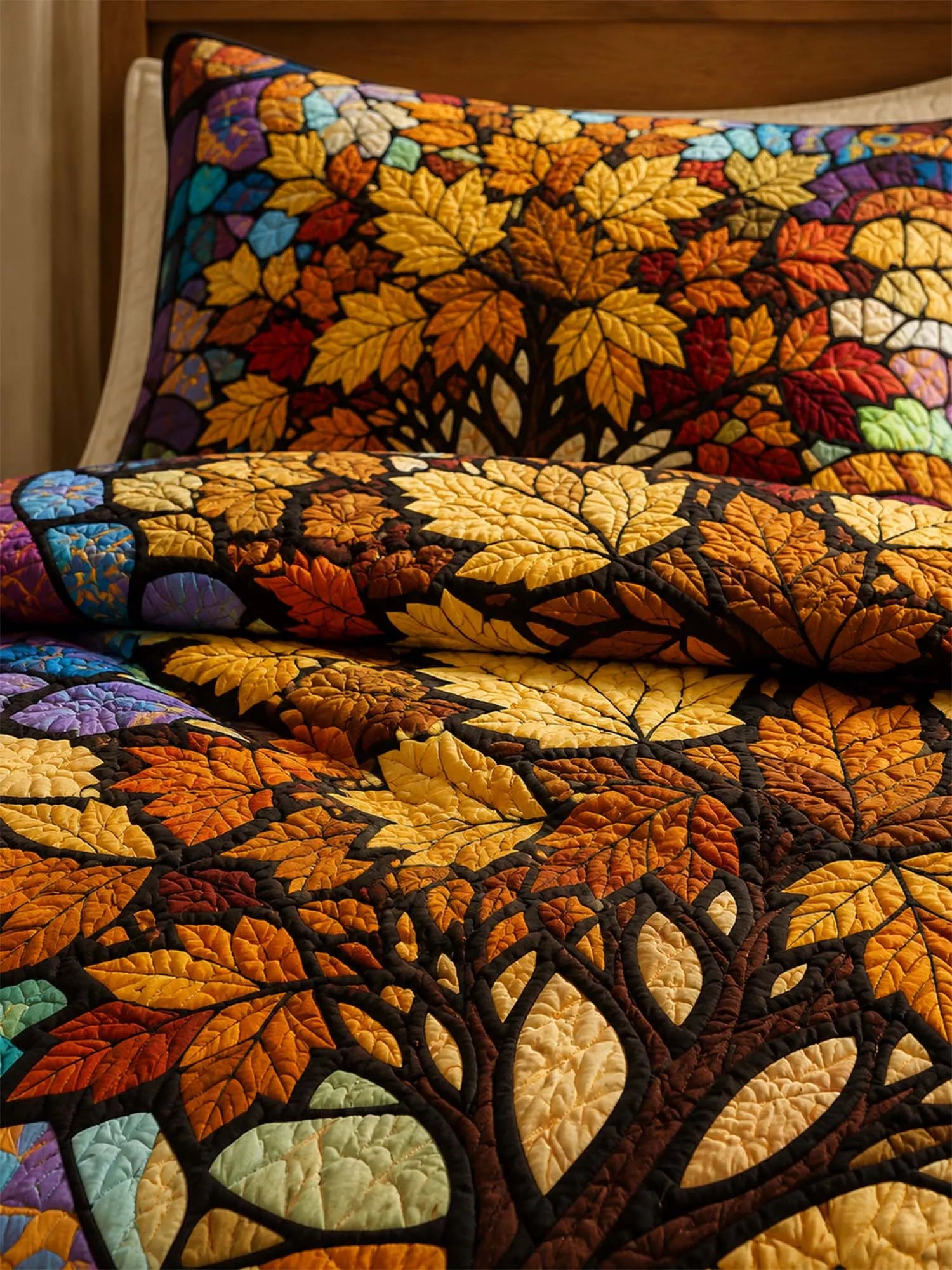 Autumn Tree of Life Quilted 3-Piece Bedding Set – Stained Glass Harvest Quilted Bedding With Matching Pillow Shams