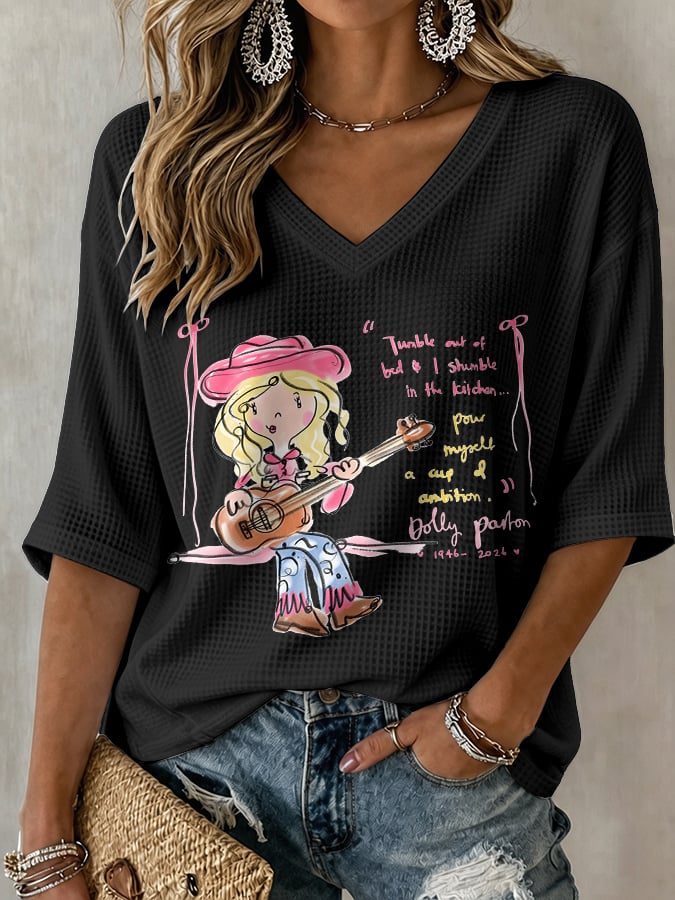 V-Neck Retro Tumble Out Of Bed & I Stumble In The Kitchen... Pour Myself A Cup Of Ambition Print T-Shirt