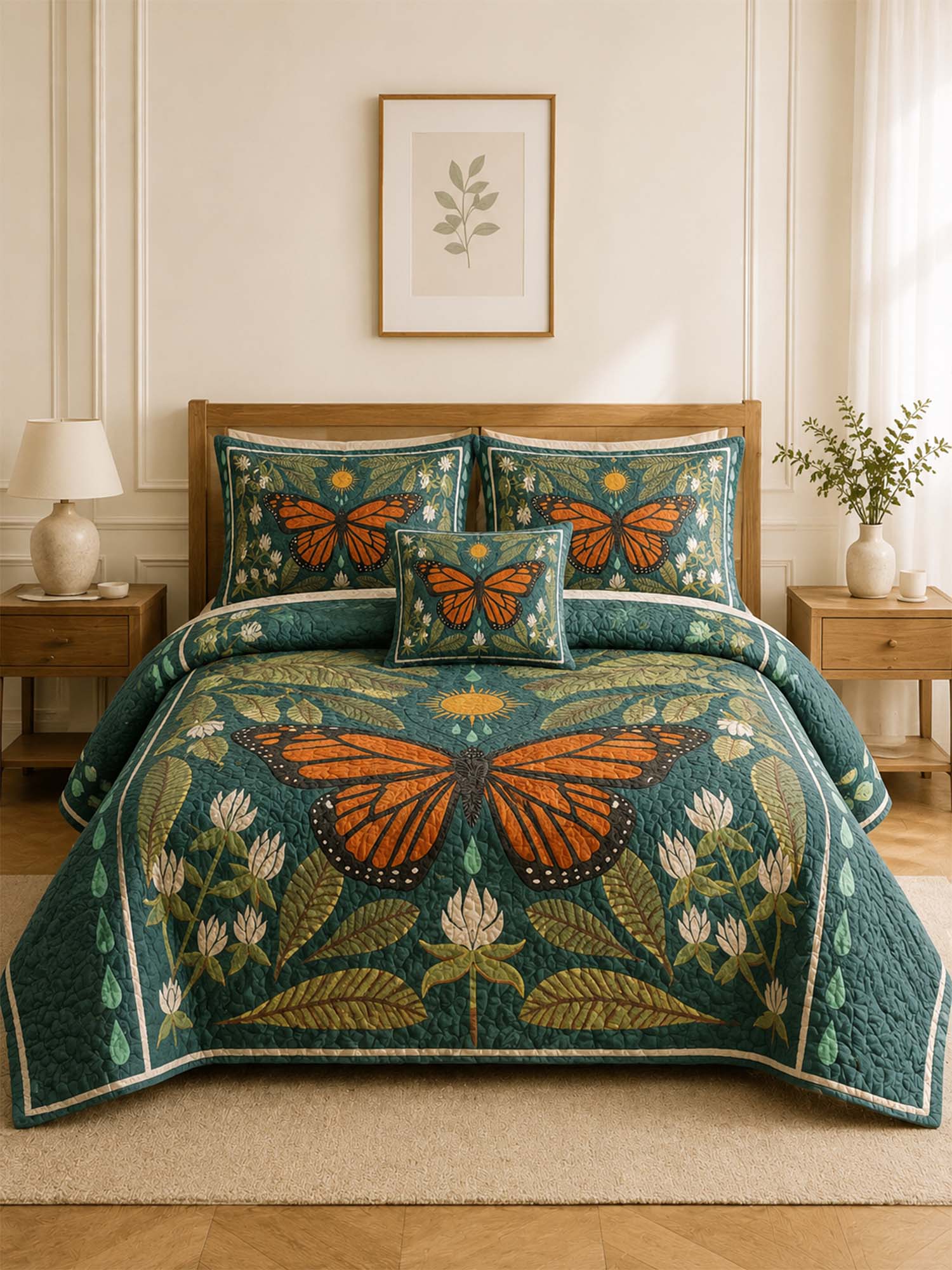 Monarch Butterfly Botanical Garden Quilted 3-Piece Bedding Set