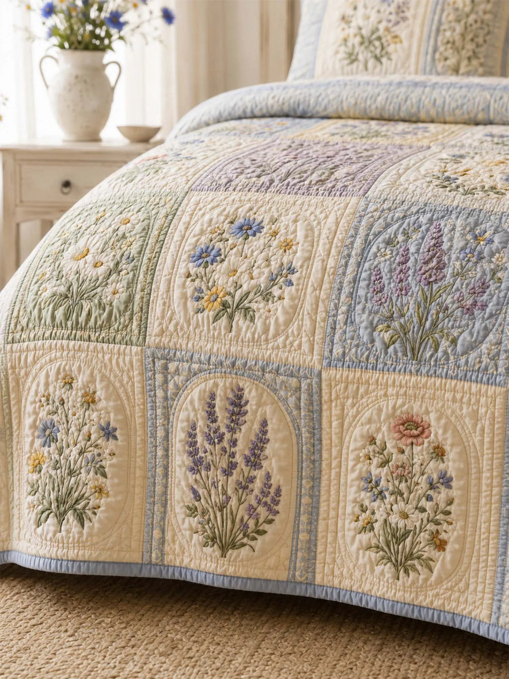 Wildflower Quilted 3-Piece Bedding Set – Classic Americana Quilted Bedding With Matching Pillow Shams