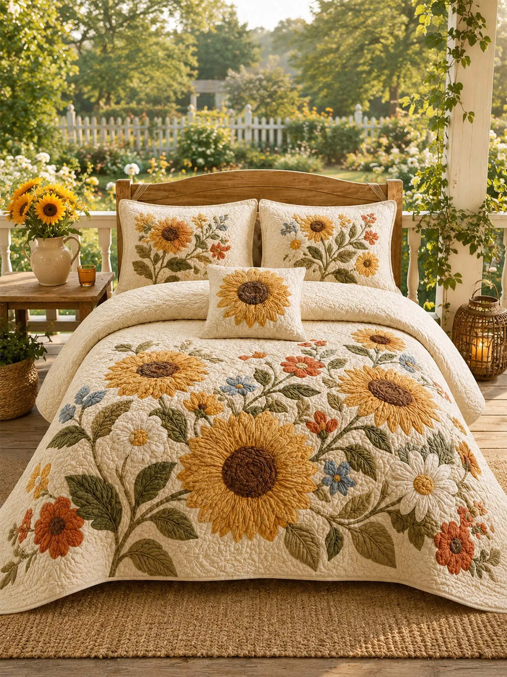 Farmhouse Sunflower Floral Quilted Bedding Set – Cozy Luxury Quilt Bedding with Matching Pillow Shams