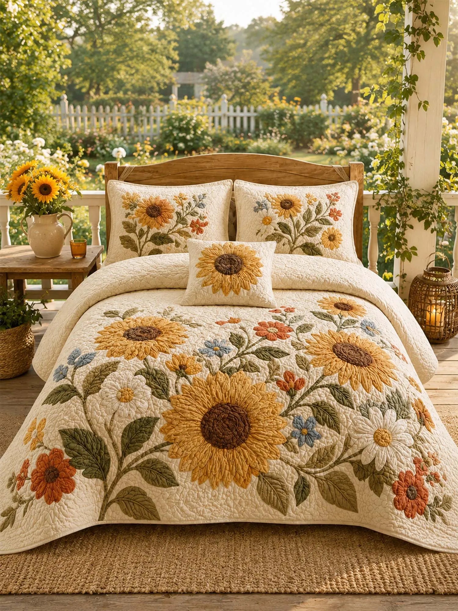 Farmhouse Sunflower Floral Quilted Bedding Set – Cozy Luxury Quilt Bedding with Matching Pillow Shams