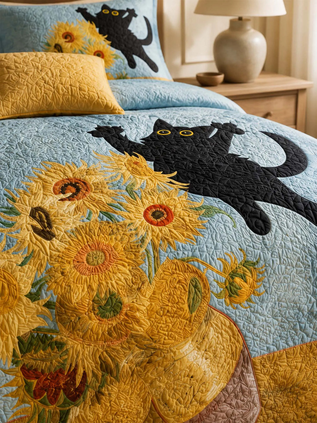 Black Cat Sunflower Garden Quilted 3-Piece Bedding Set