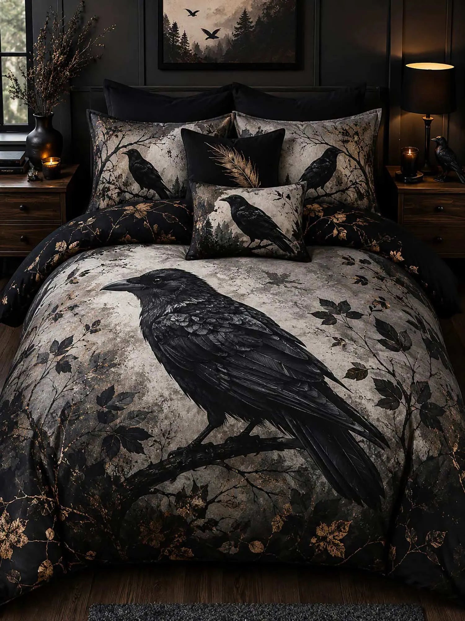 Vintage Forest Raven 3‐Piece Quilted Bedding Set