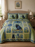 Blue Iris Cat Garden Quilted 3-Piece Bedding Set